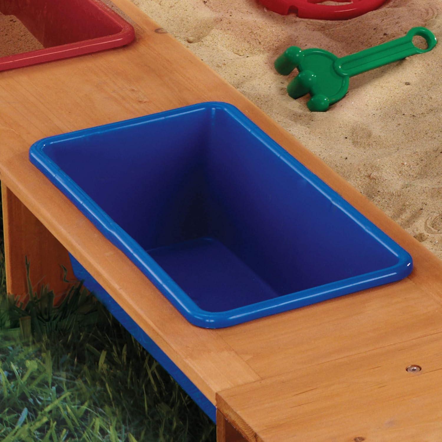 KidKraft Outdoor Covered Wooden Sandbox with Bins and Striped Navy & White Canopy