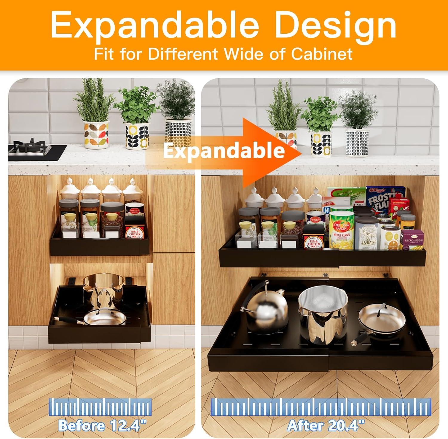 Pull Out Cabinet Organizer 2 pack,Expandable (12.6"-20.4") Pull Out Drawers for Cabinets, Slide Out Cabinet Organizers with Adhesive Nano Film for Kitchen Cabinet Organization