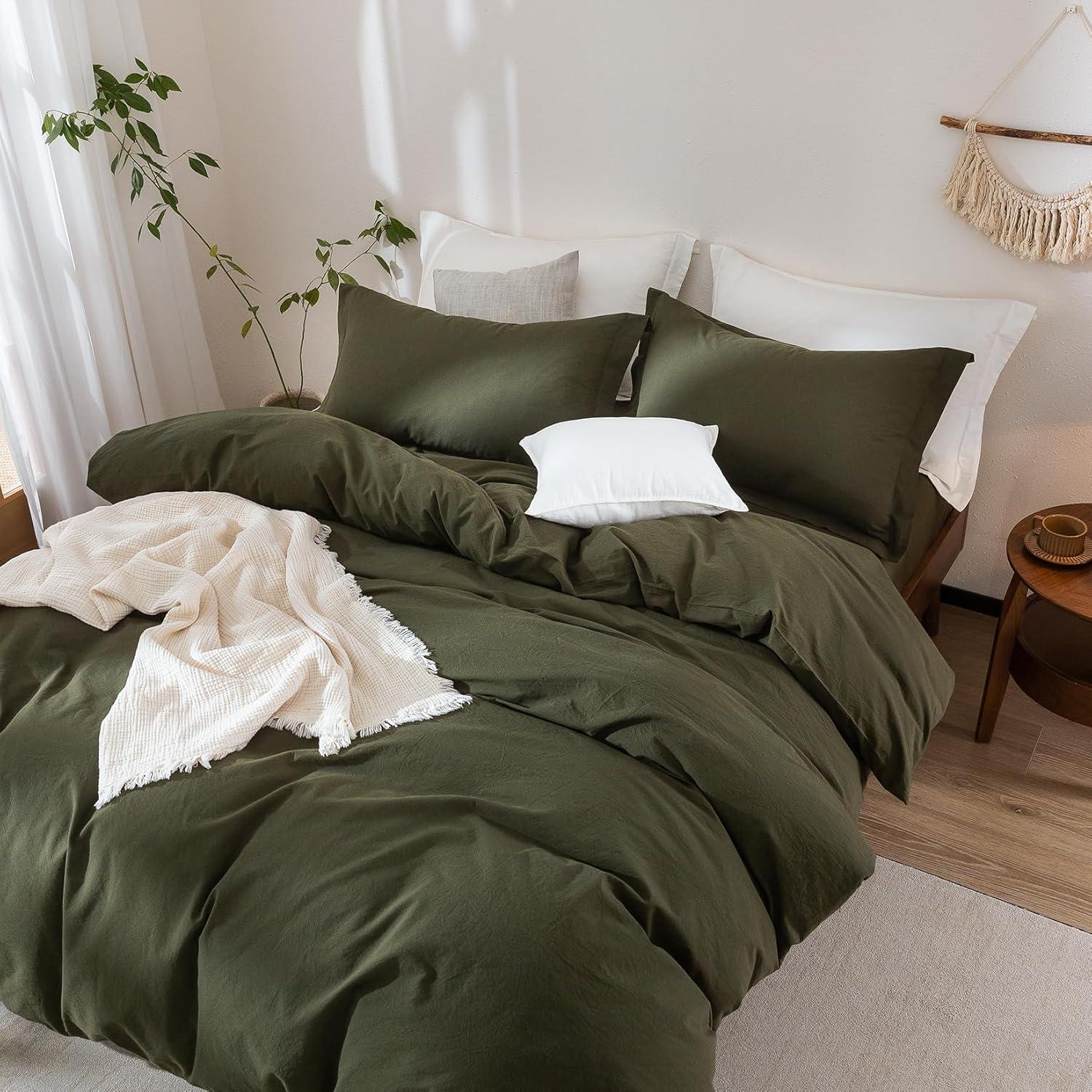 Olive Green Duvet Cover Queen Size, 100% Washed Cotton Bedding Set Cover 1 Duvet Cover 90inch x 90inch with Zipper Closure and 2 Pillowcases, Olive Green