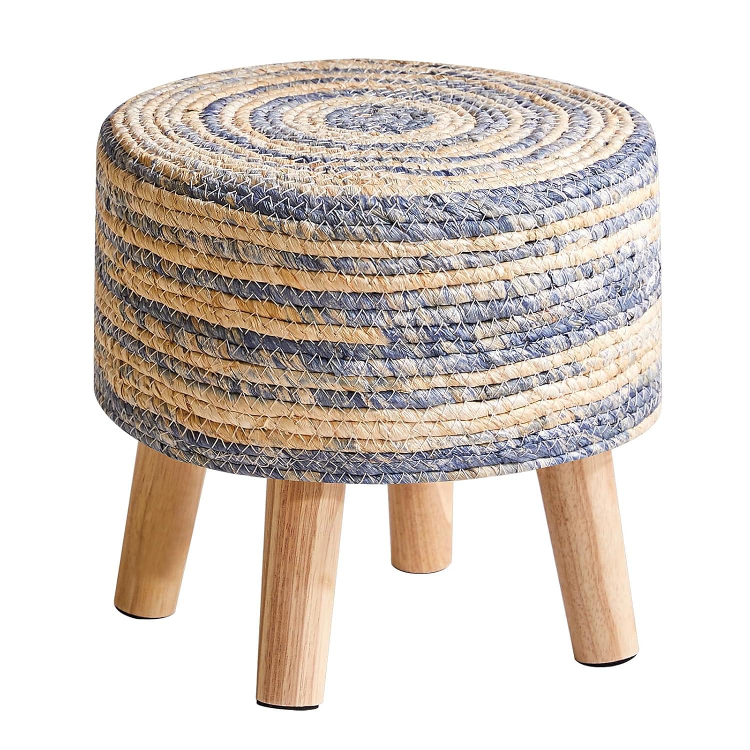 YMYNY Foot Stool Natural Seagrass Hand Weave, 12.6" Small Ottoman, Round Footrest for Living Room, Bedroom, Entryway, Change Shoes Stool, Non-Skid Wood Legs, Boho, Blue+White UHBD027QW