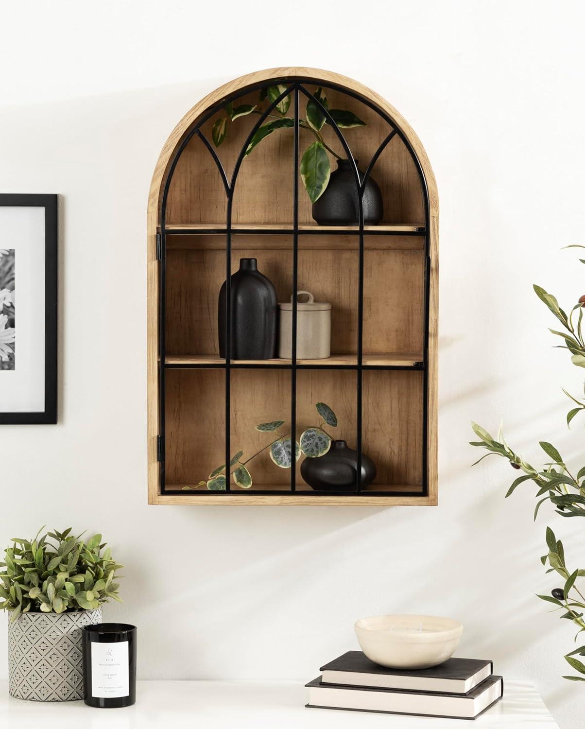 Natural Wood and Black Arched Wall Cabinet with Metal Door