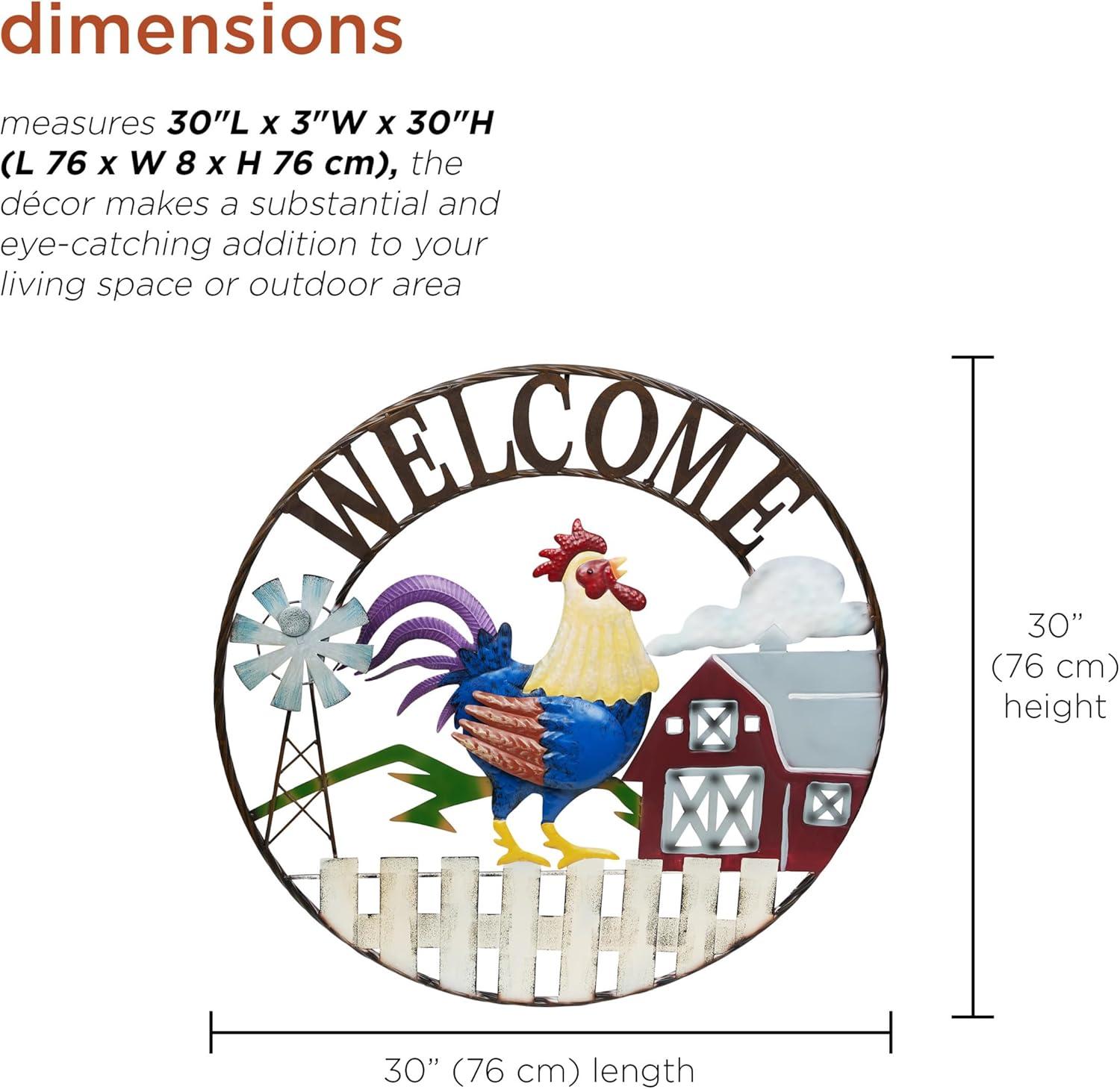 Alpine 30"H Large Round Rooster and Farm Welcome Wall Sign