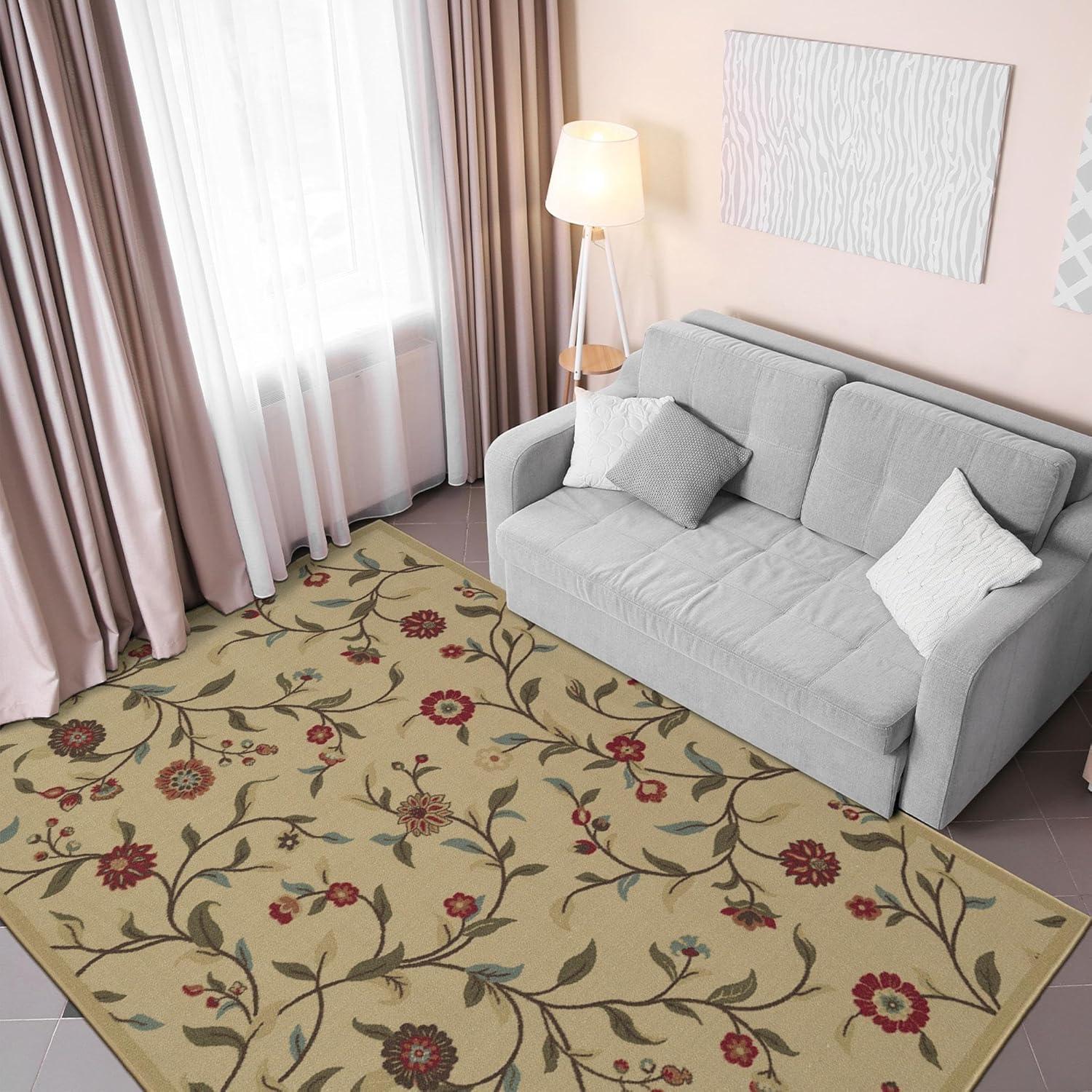 Ottohome Machine Washable Non-Slip Rubberback Floral Leaves Area Rug