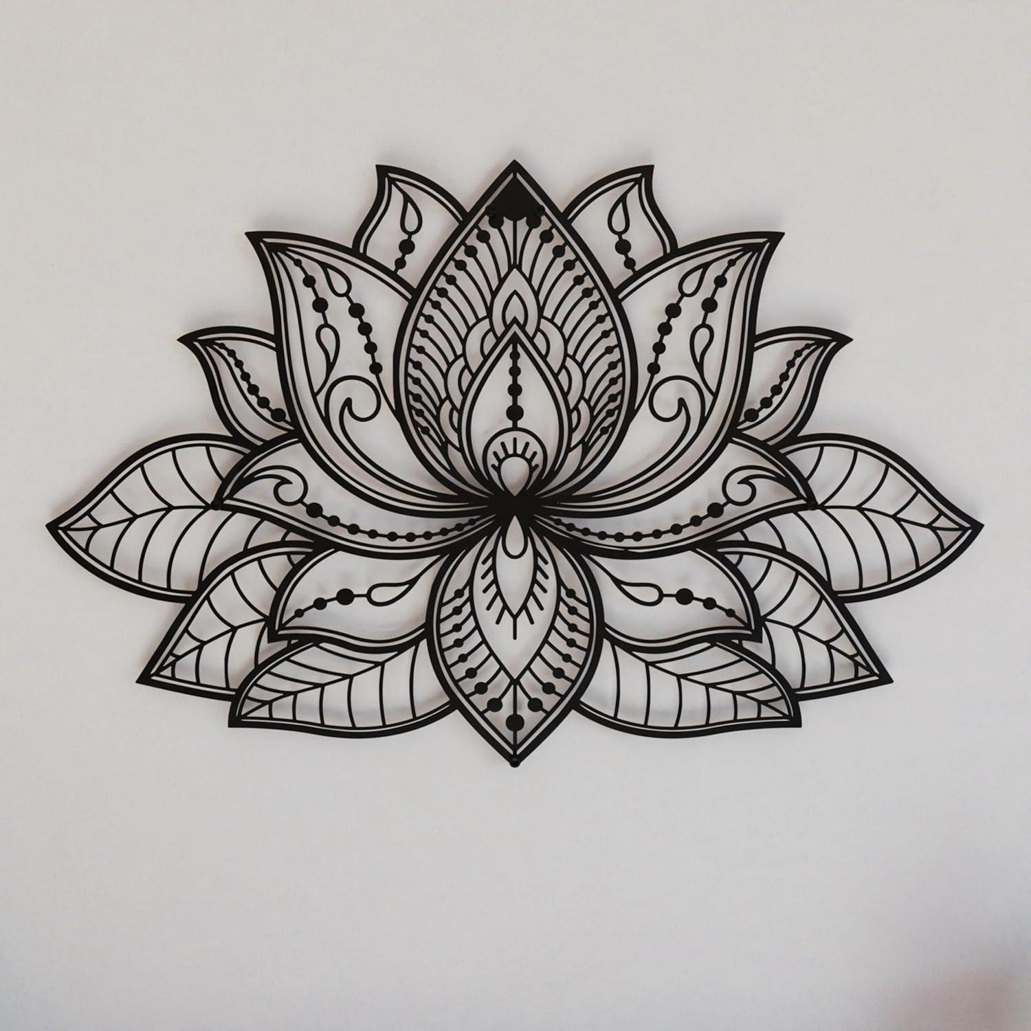 iwa concept Mandala Metal Wall Decor, Lotus Flower Meditation Room Decor, Minimalist Zen Garden Bohemian Gift for New Year (26.3" x 17" | 67 x 43 cm, Black)