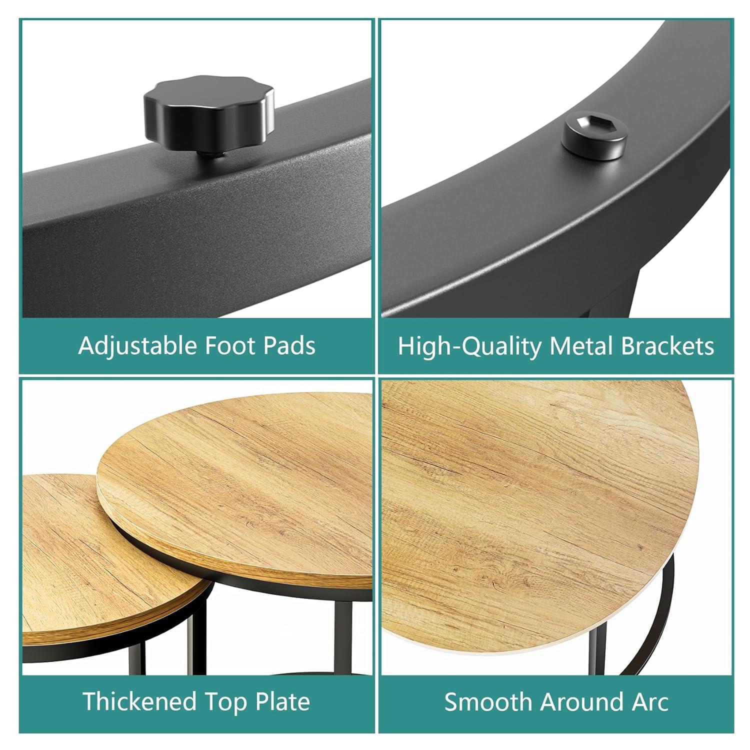 Nesting Coffee Table Set of 2, 23.6" Round Coffee Table Wood Grain Top with Adjustable Non-Slip Feet, Industrial End Table Side Tables for Living Room Bedroom Balcony Yard