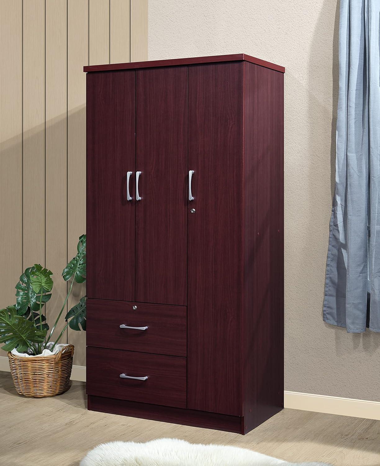 Mahogany 3-Door Armoire with Drawers and Shelves