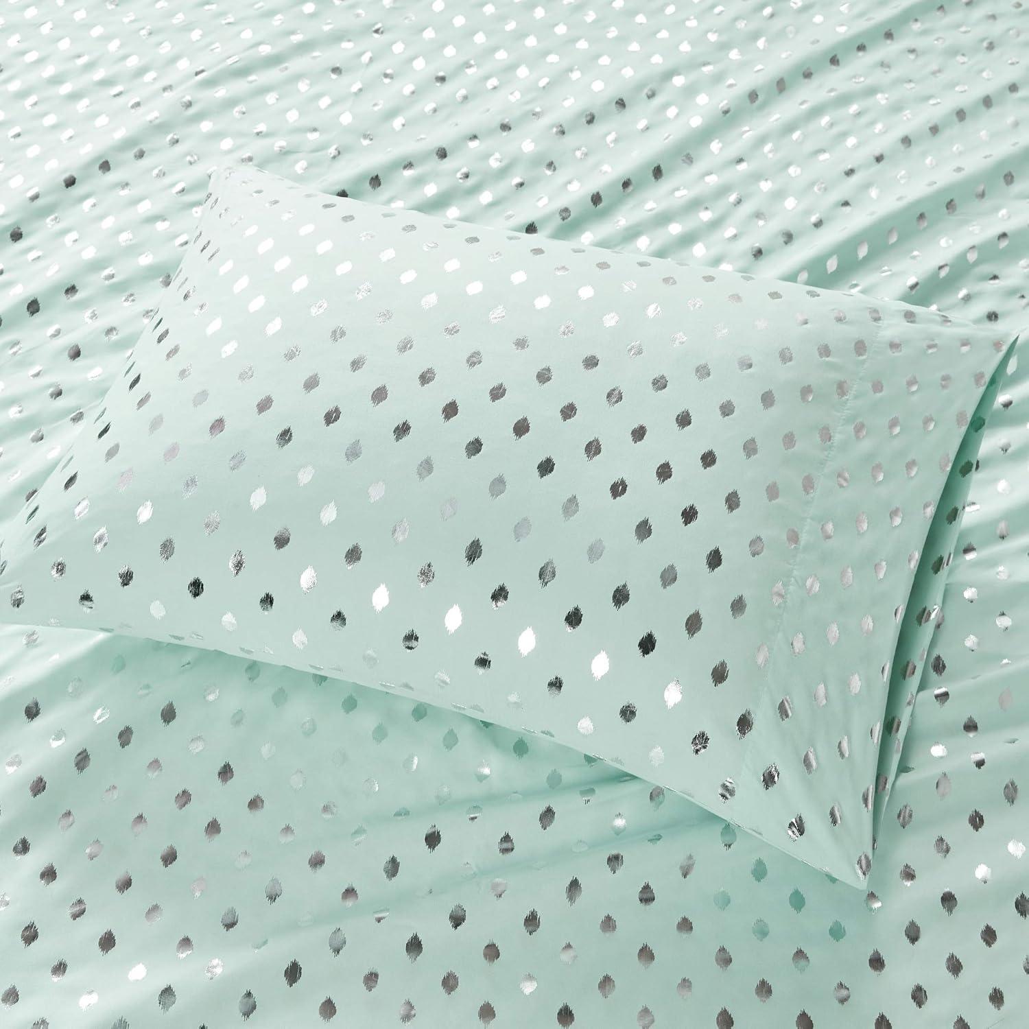 Comfort Classics Metallic Dot Printed Sheet Set, Twin, Aqua/Silver