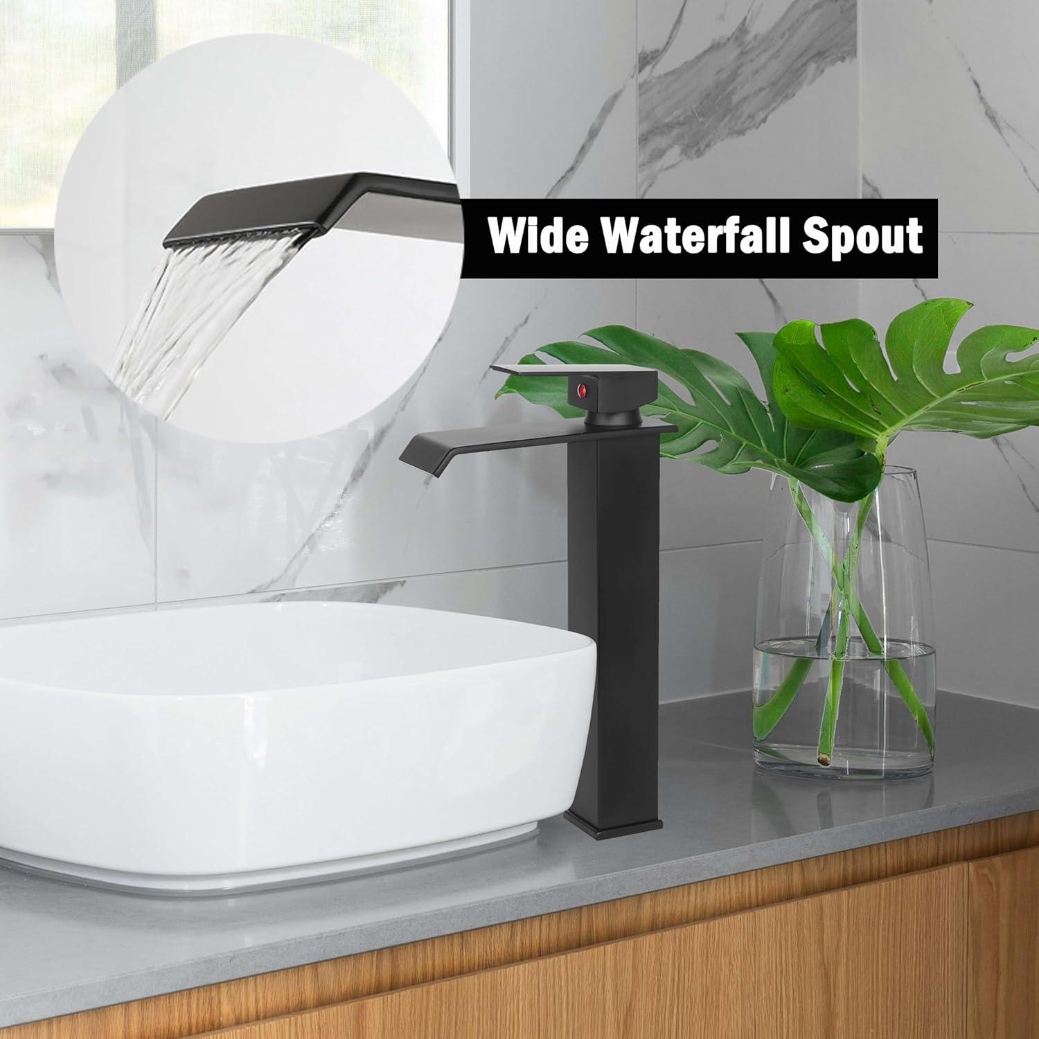 Matte Black Vessel Sink Faucet for Sink 1 Hole Single Handle Deck Mount Bathroom Sink Faucet Bowl Sink Mixer Tap with Pop Up Drain Combo Vanity RV Bar Sink Faucet