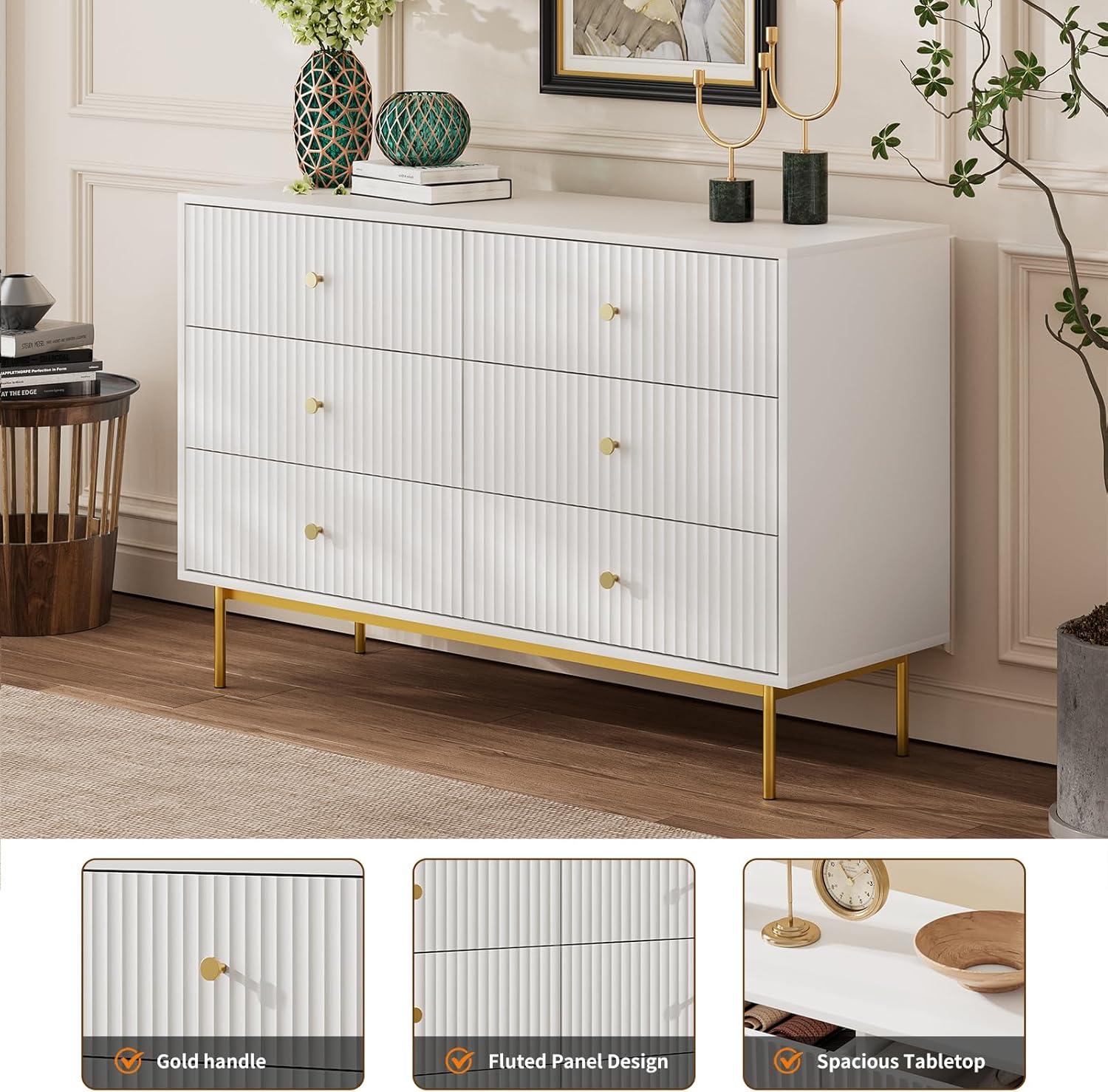 6 Drawer Dresser for Bedroom,Modern Bedroom Dresser,Fluted White and Gold Dresser with Curved Profile Design