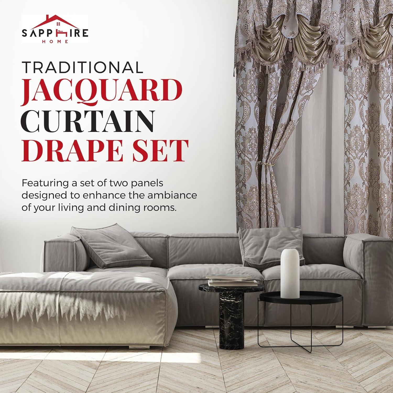 Sapphire Home Traditional Jacquard Taupe Damask Floral Curtains, 54” x 84” (2 Panels)