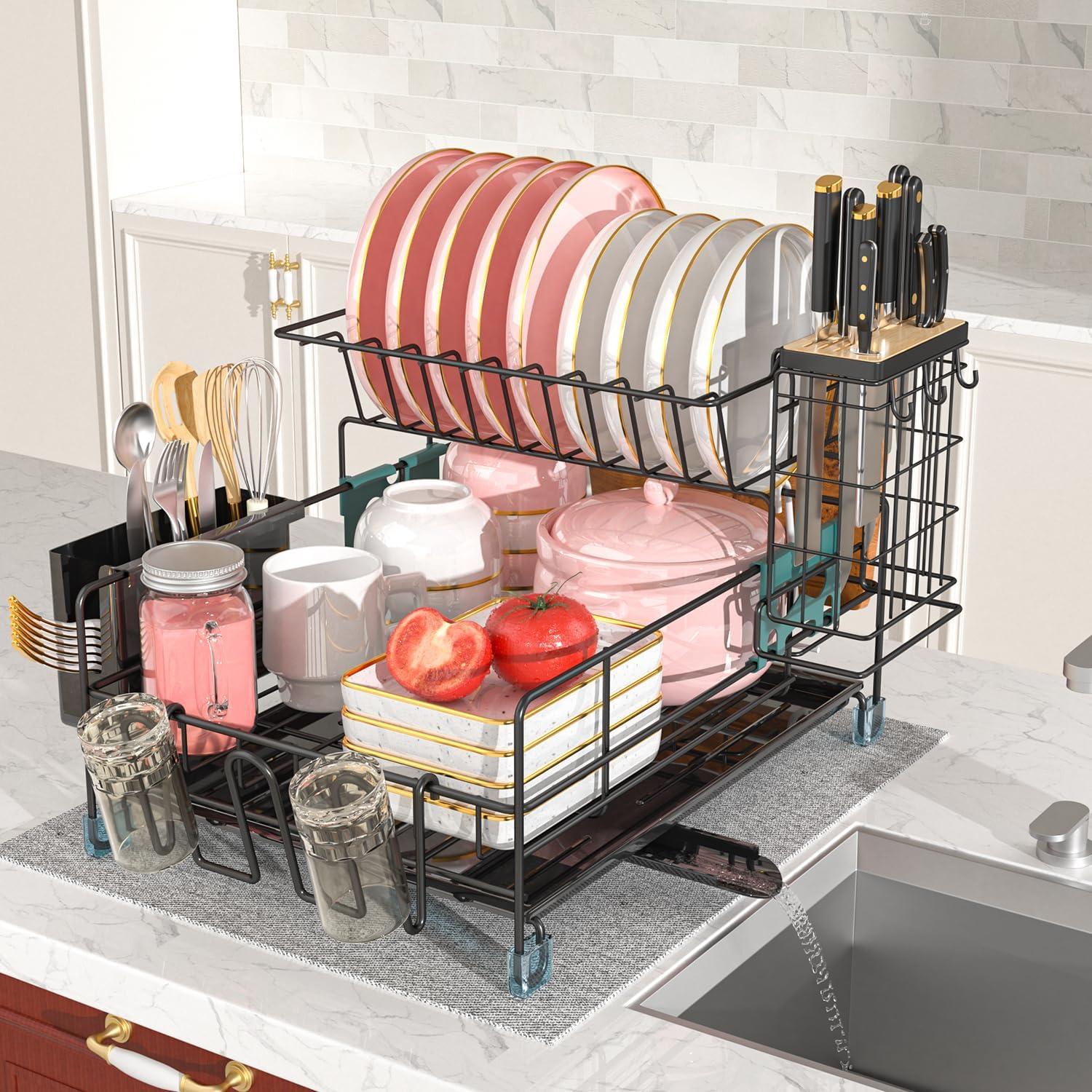 Large Capacity 2-Tier Stainless Steel Dish Drying Rack With Rustproof Finish