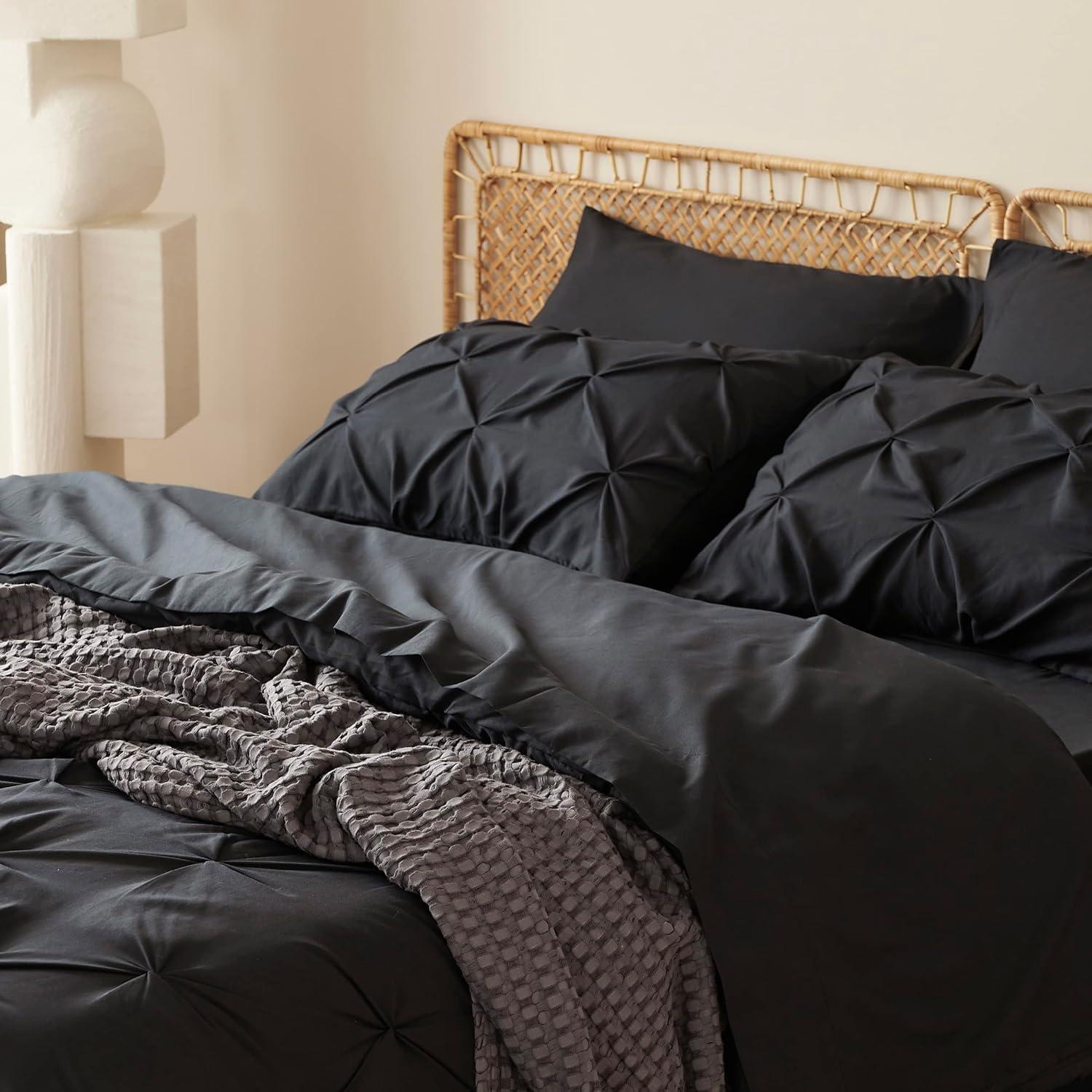 Black King Size Comforter Set - Bedding Set King 7 Pieces, Pintuck Bed in a Bag Black Bed Set with Comforter, Sheets, Pillowcases & Shams