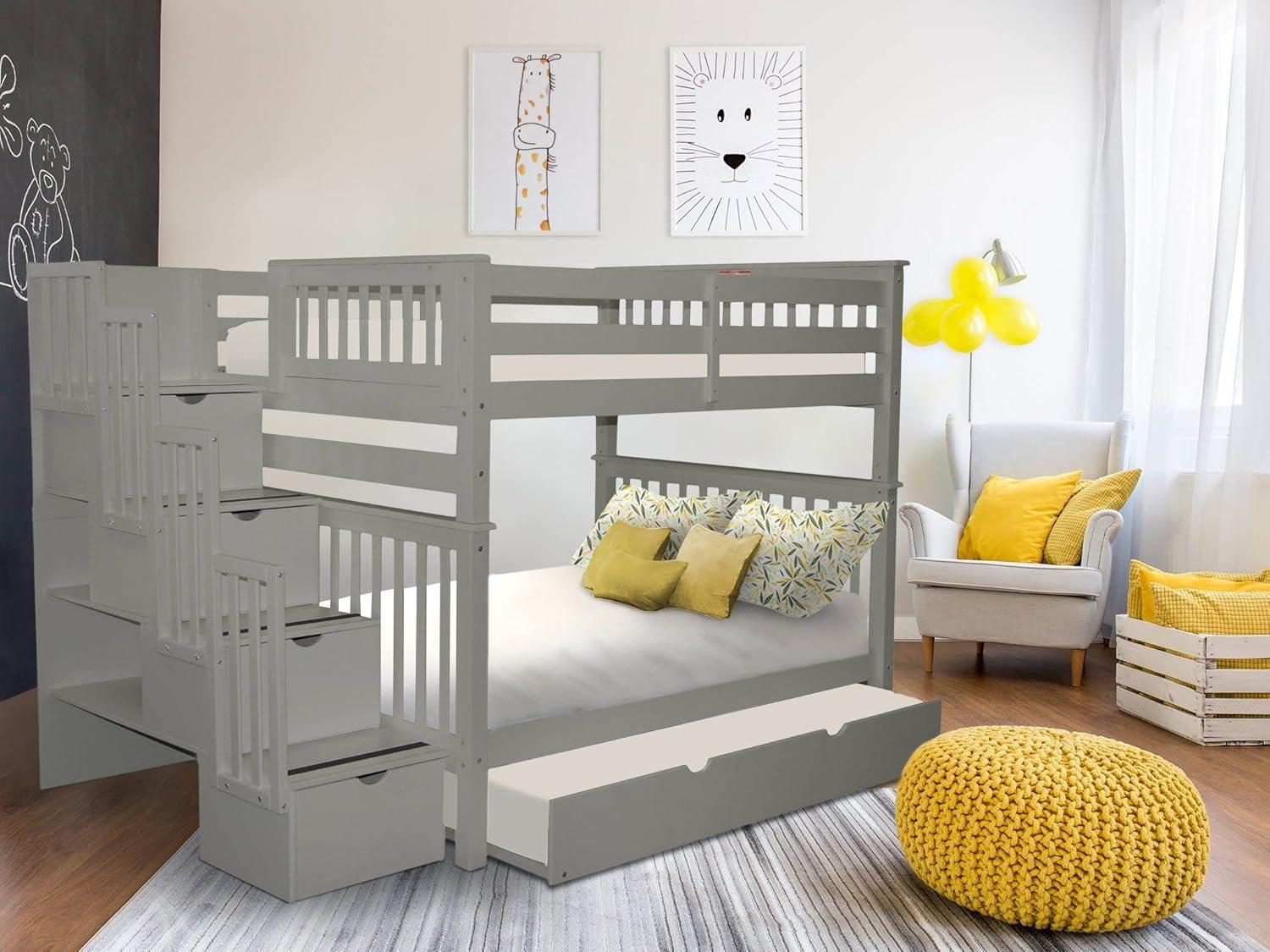 Bedz King Stairway Bunk Beds Full over Full with 4 Drawers in the Steps and a Full Trundle, Gray