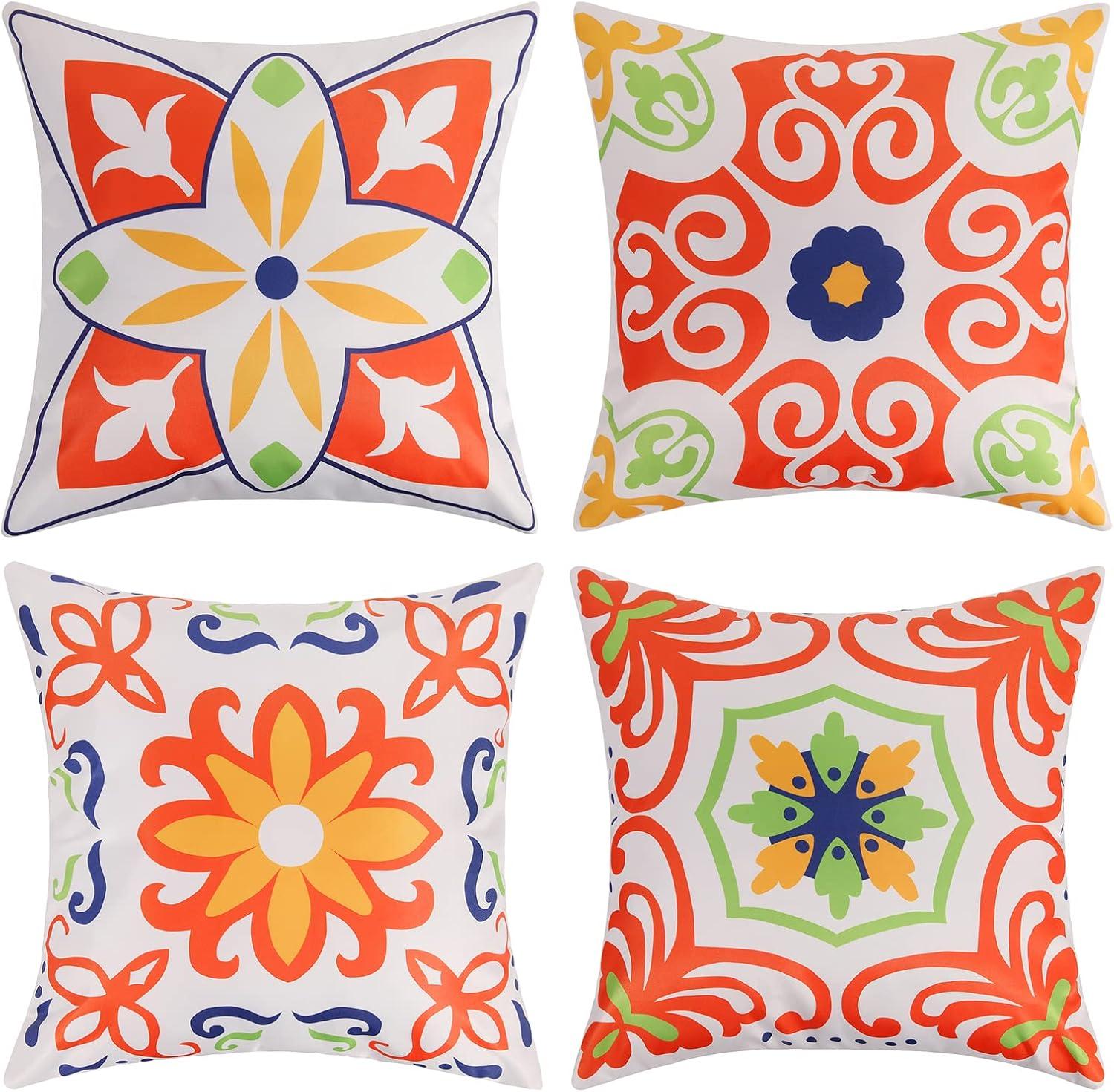Pyonic Outdoor Waterproof Throw Pillow Covers for Patio Furniture Decorative Boho Pillow Covers 18x18 Floral Printed for Patio Tent Couch Garden Set of 4,Orange