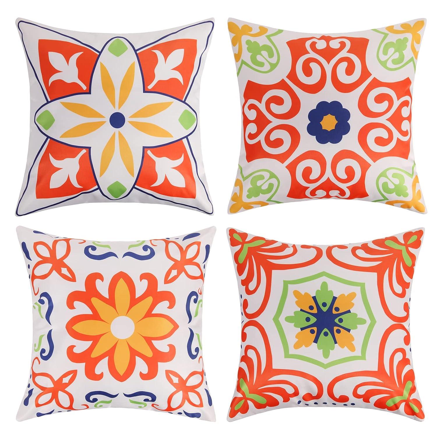 Pyonic Outdoor Waterproof Throw Pillow Covers for Patio Furniture Decorative Boho Pillow Covers 18x18 Floral Printed for Patio Tent Couch Garden Set of 4,Orange
