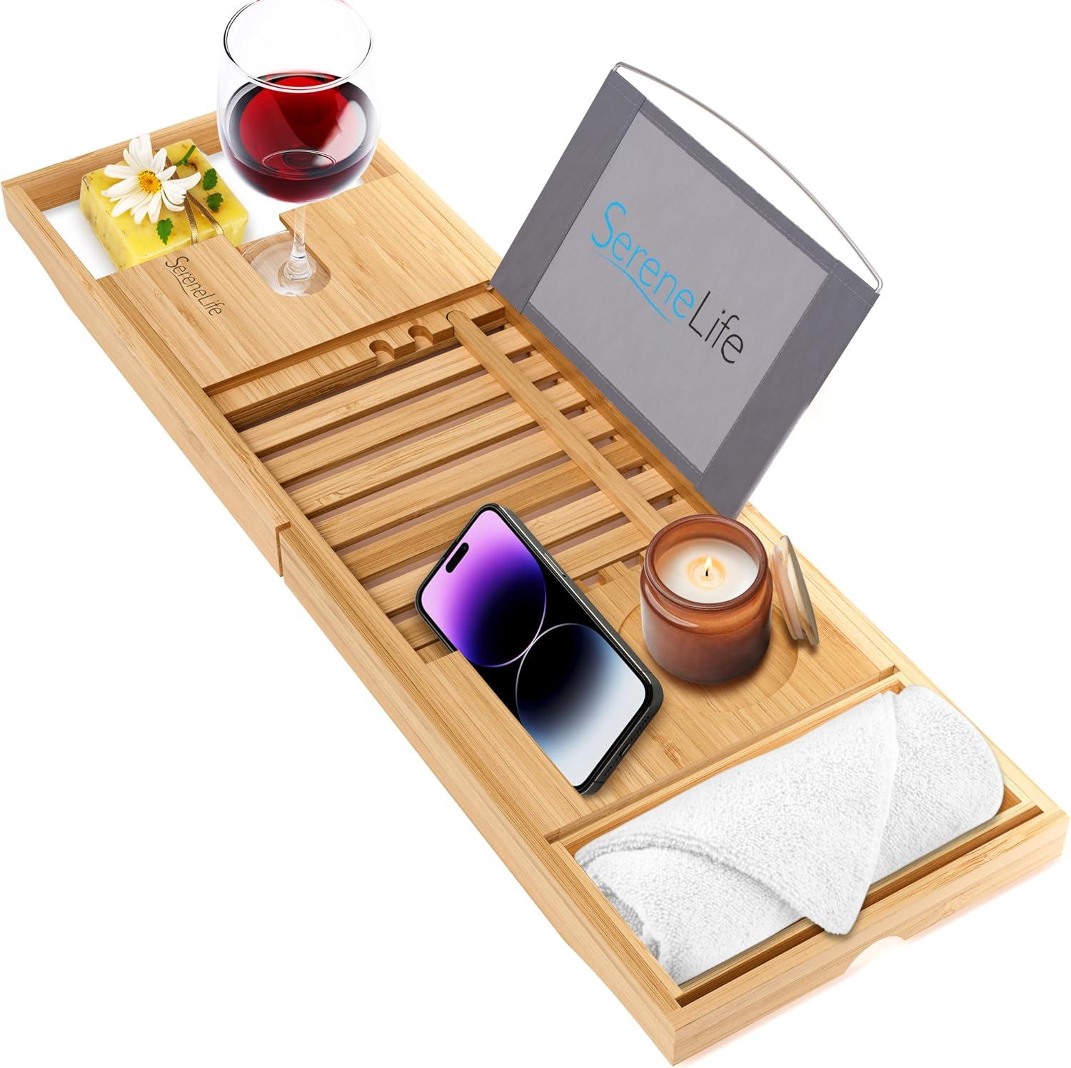 SereneLife Luxury Bamboo Bathtub Caddy Tray - Adjustable Natural Wood Bathtub Organizer with Glass Holder, Soap Dish, & Phone Slot