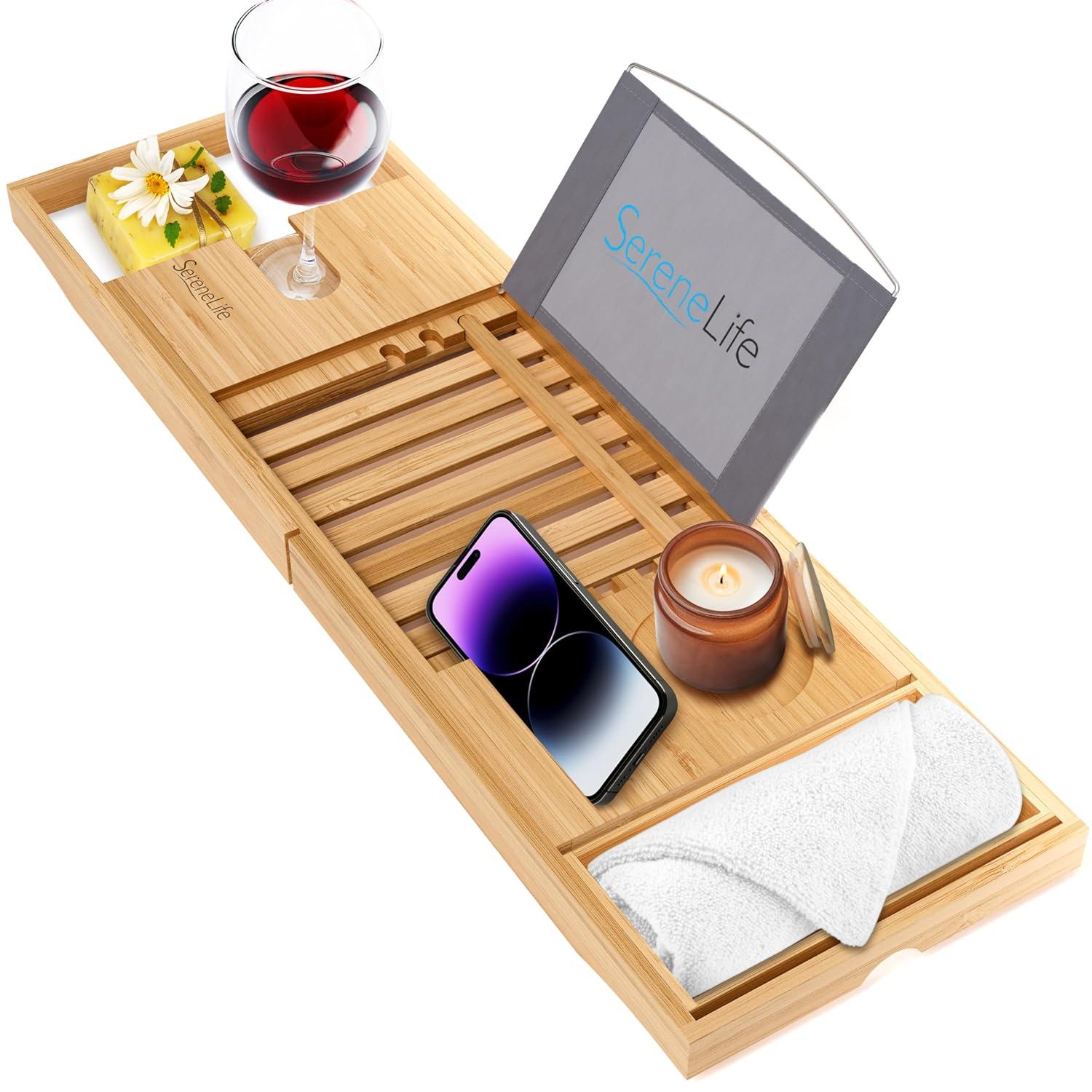 Latitude Run® Luxury Bamboo Bathtub Caddy Tray - Adjustable, Waterproof, With Wine Holder And Phone Slot For Relaxing Baths
