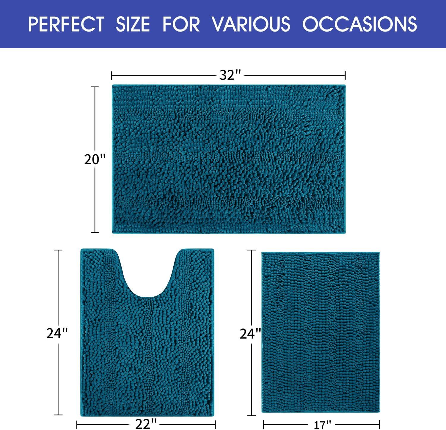 ACCUMTEK Striped Atlantic Blue Bathroom Rug Set 3 Pieces Ultra Soft, Non Slip Chenille Toilet Mat, Absorbent Plush Shaggy Bath Mats for Bathroom, Bedroom, Kitchen