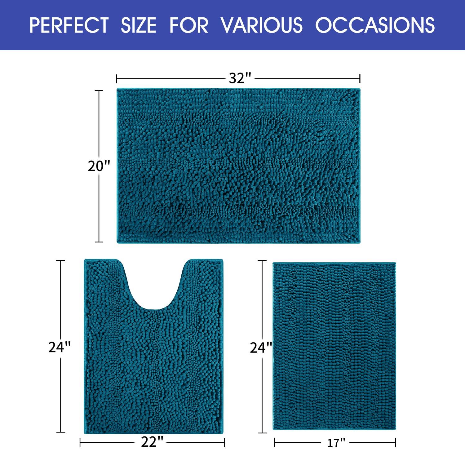 ACCUMTEK Striped Atlantic Blue Bathroom Rug Set 3 Pieces Ultra Soft, Non Slip Chenille Toilet Mat, Absorbent Plush Shaggy Bath Mats for Bathroom, Bedroom, Kitchen
