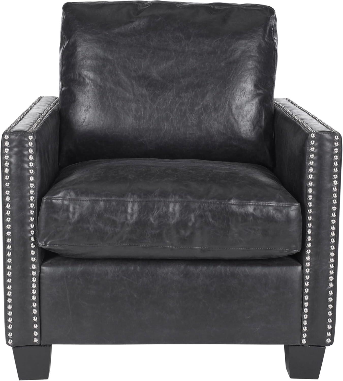 Horace Leather Club Chair  Silver Nail Heads - Antique Black - Safavieh