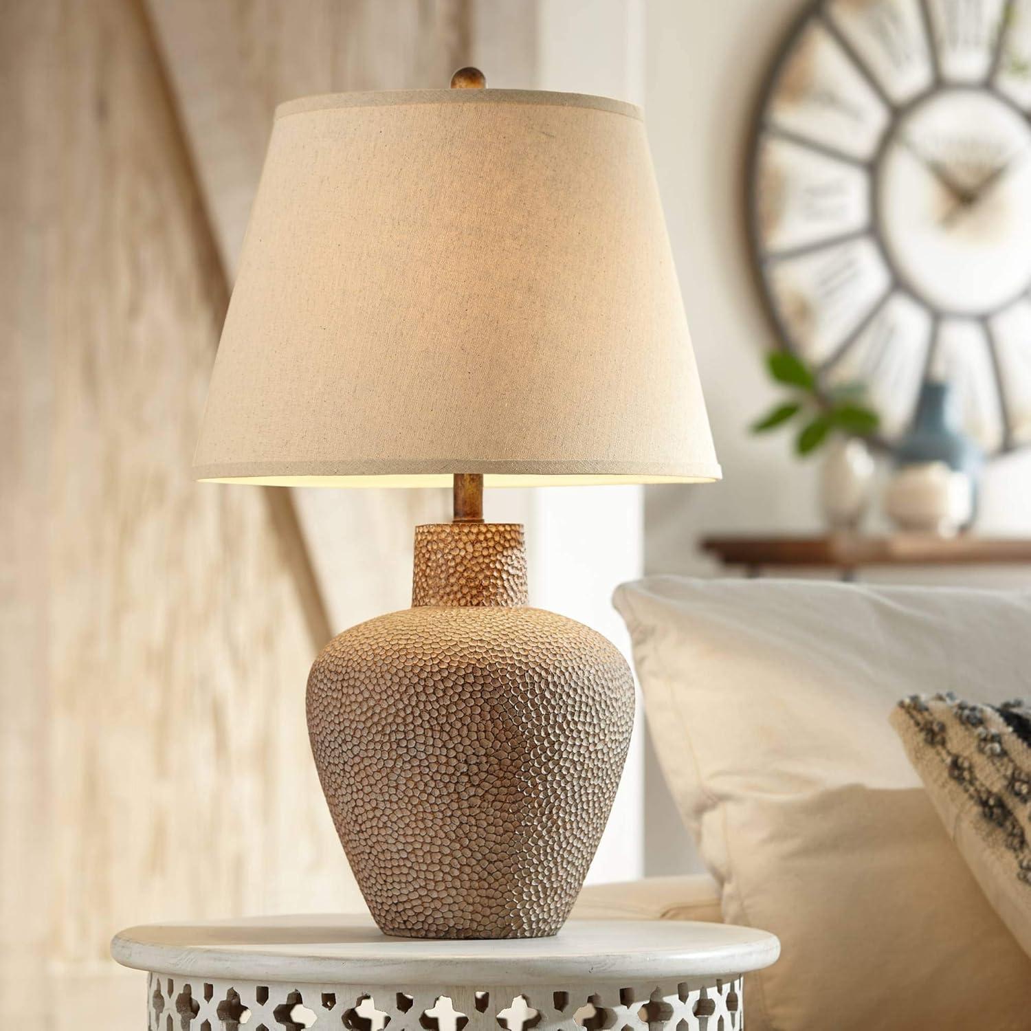 360 Lighting Bentley Rustic Farmhouse Table Lamp 29" Tall Brown Leaf Textured Hammered Pot Off White Empire Shade for Bedroom Living Room House Home