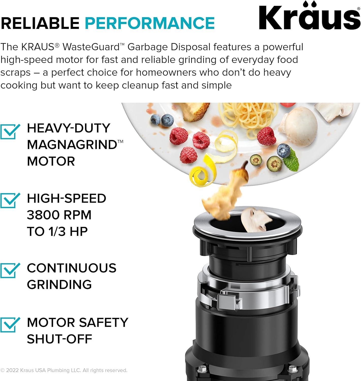 Kraus 1/3 HP WasteGuard High-Speed Ultra-Quiet Motor Garbage Disposal with Quick Connect Mount