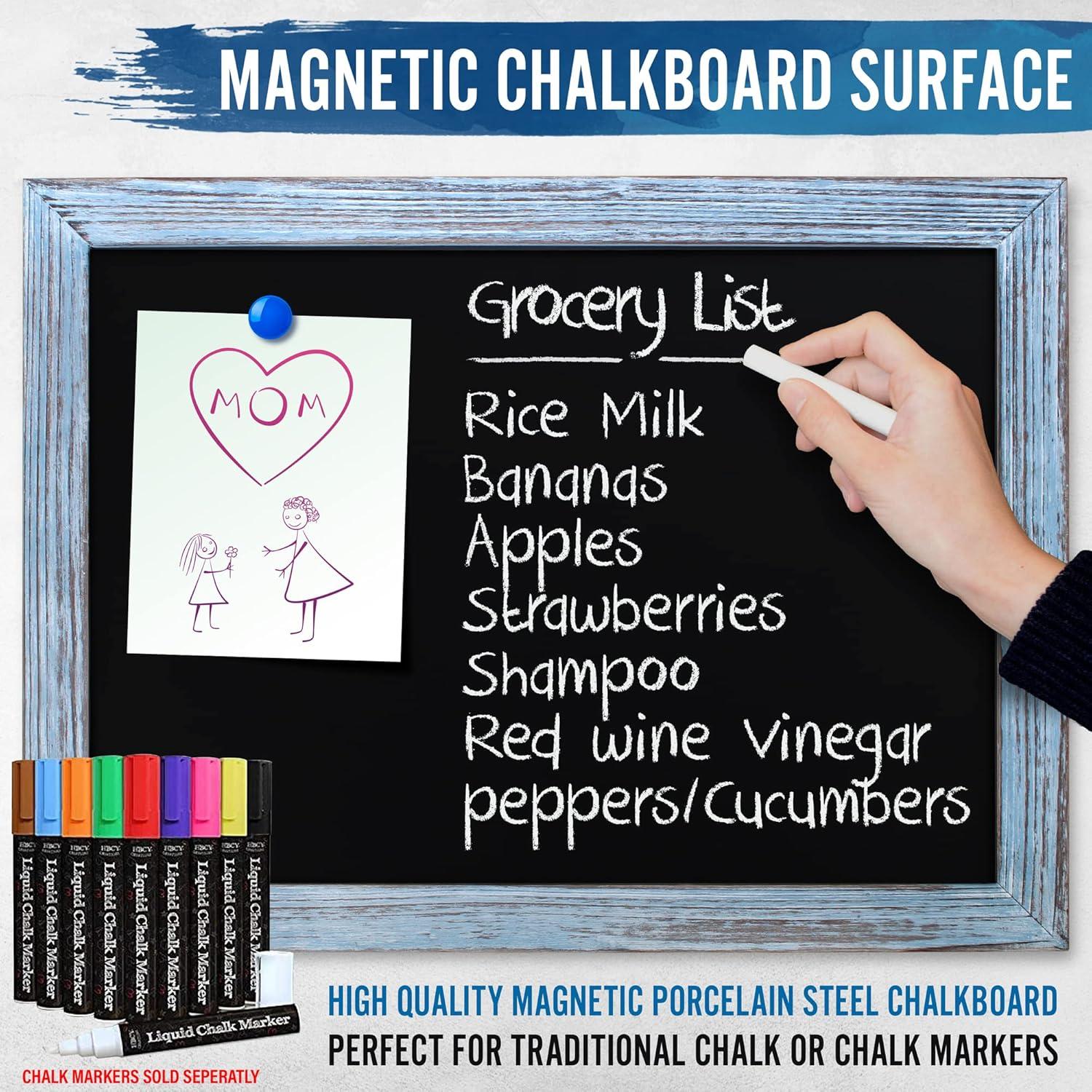 HBCY Creations Rustic Blue Magnetic Wall Chalkboard, 18" x 24", Framed Decorative Chalkboard with Eraser - For Kitchen, Weddings, Restaurant Menus and More!