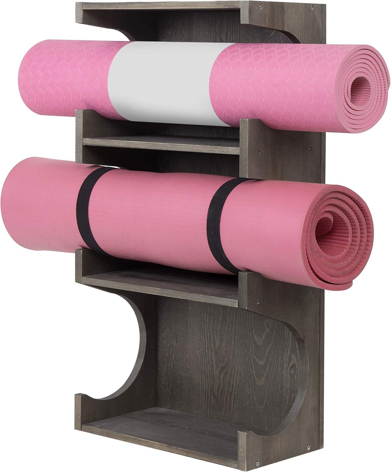 MyGift Wall-Mounted Vintage Gray Wood 3-Tier Yoga and Barre Mats Storage Rack