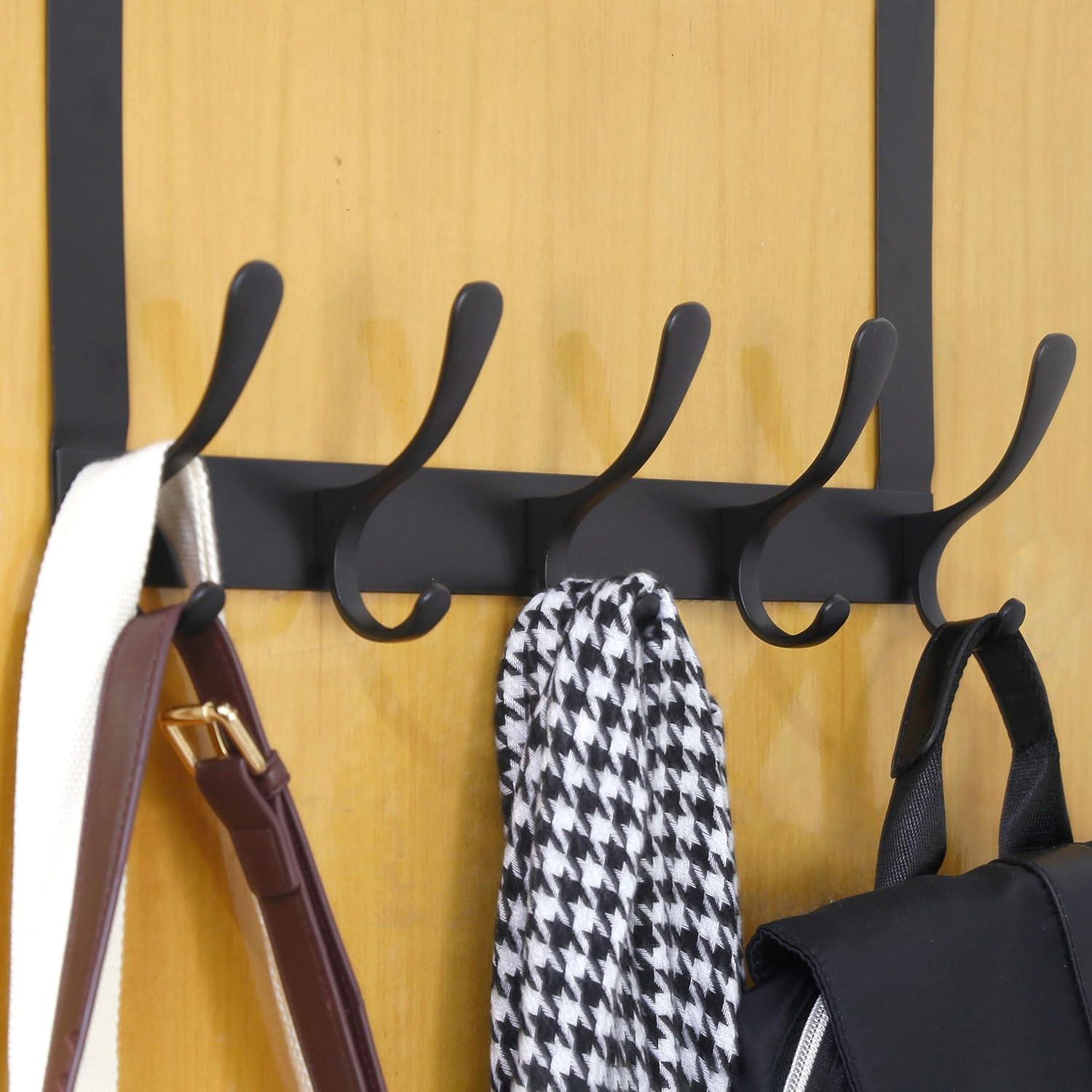 WEBI Over The Door Hook,Door Hanger Hook Rack with 5 Tri Hooks for Hanging Coats,Over Door Towel Rack Door Coat Towel Hanger Door Coat Rack for Bathroom,Behind Back of Door,Black
