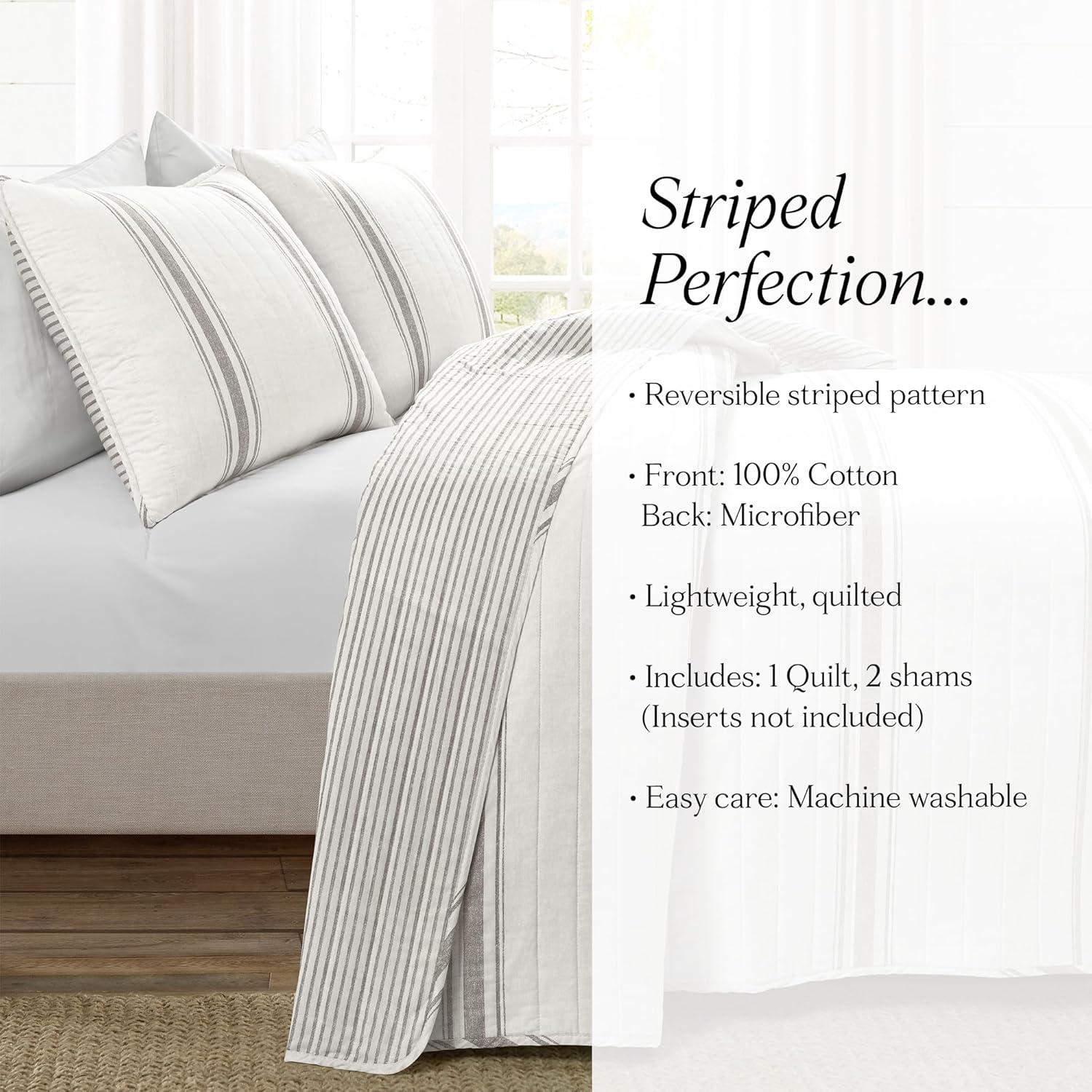 3pc King Farmhouse Striped Reversible Quilt Bedding Set Gray - Lush Décor