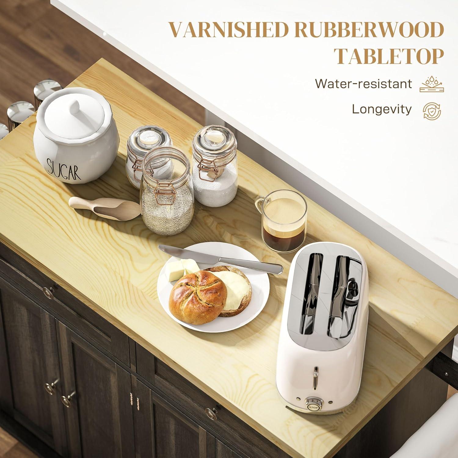 HOMCOM Kitchen Island on Wheels, Rolling Cart with Rubber Wood Top, Spice Rack, Towel Rack & Drawers for Dining Room, Black