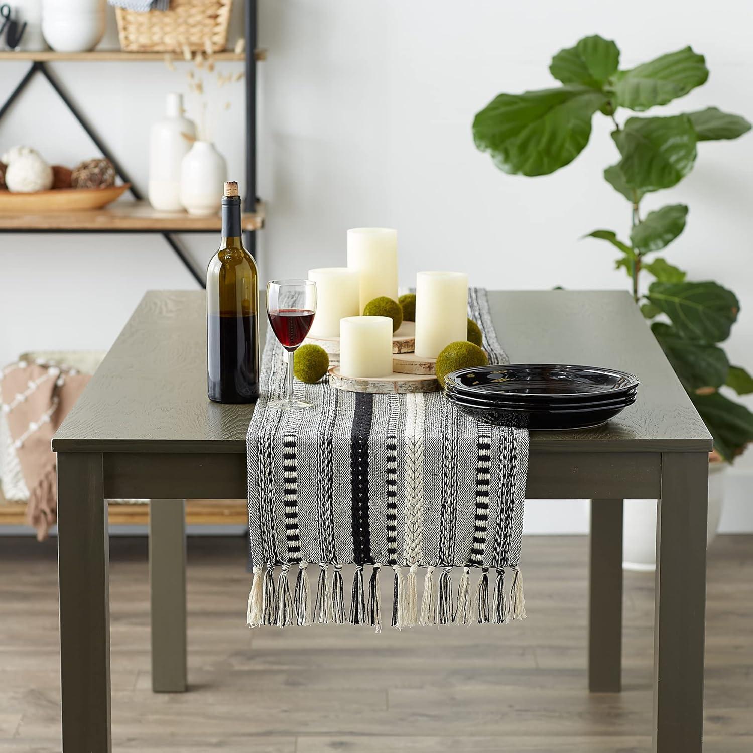 Design Imports  Braided Stripe Jacquard Fringe Table Runner, 15X108", Black