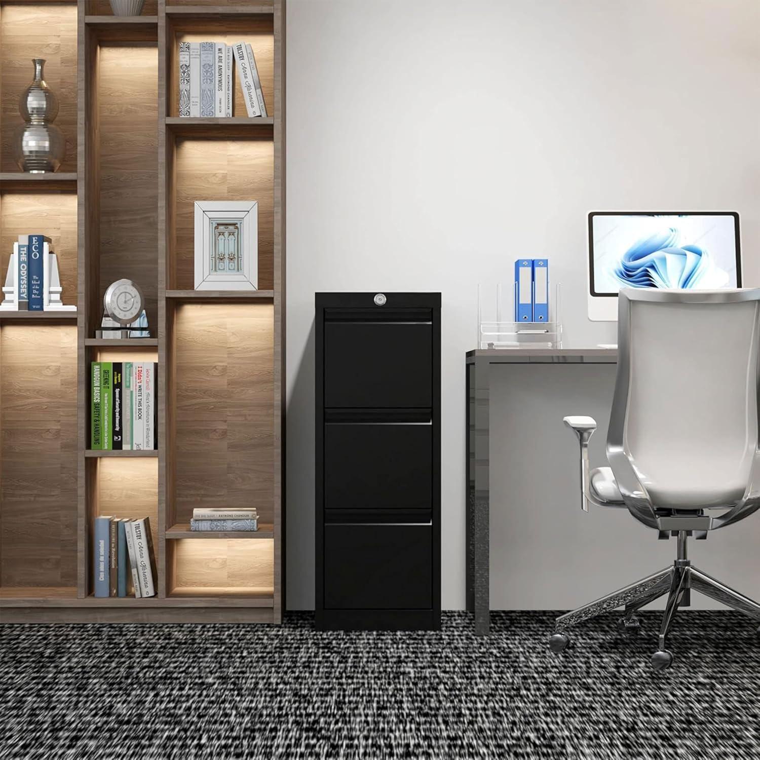 AOBABO 3 Drawer Vertical Steel File Organizer Filing Cabinet with Locking System and Adjustable Hanging Bars for Home and Office Organization, Black