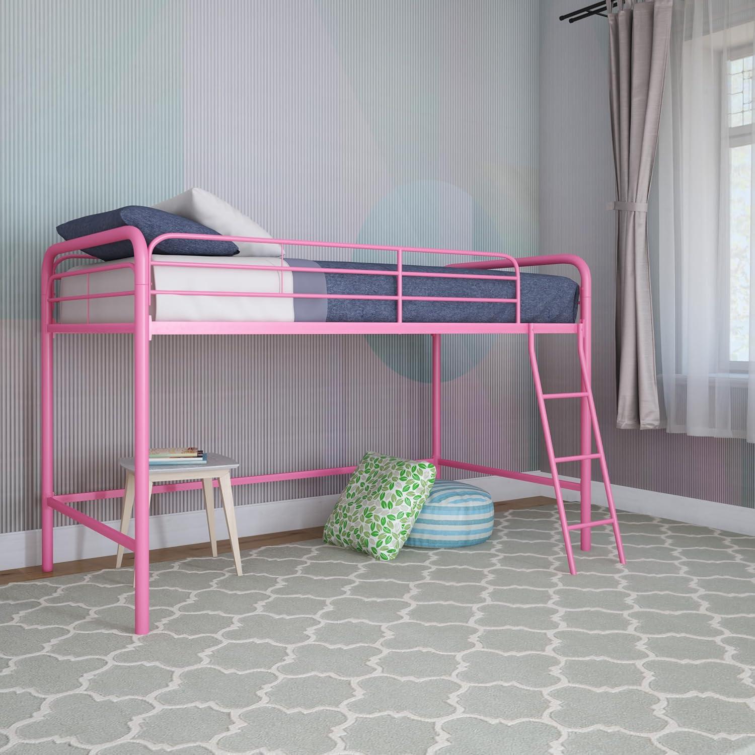 Pink Twin Metal Loft Bed Frame with Slats and Ladder