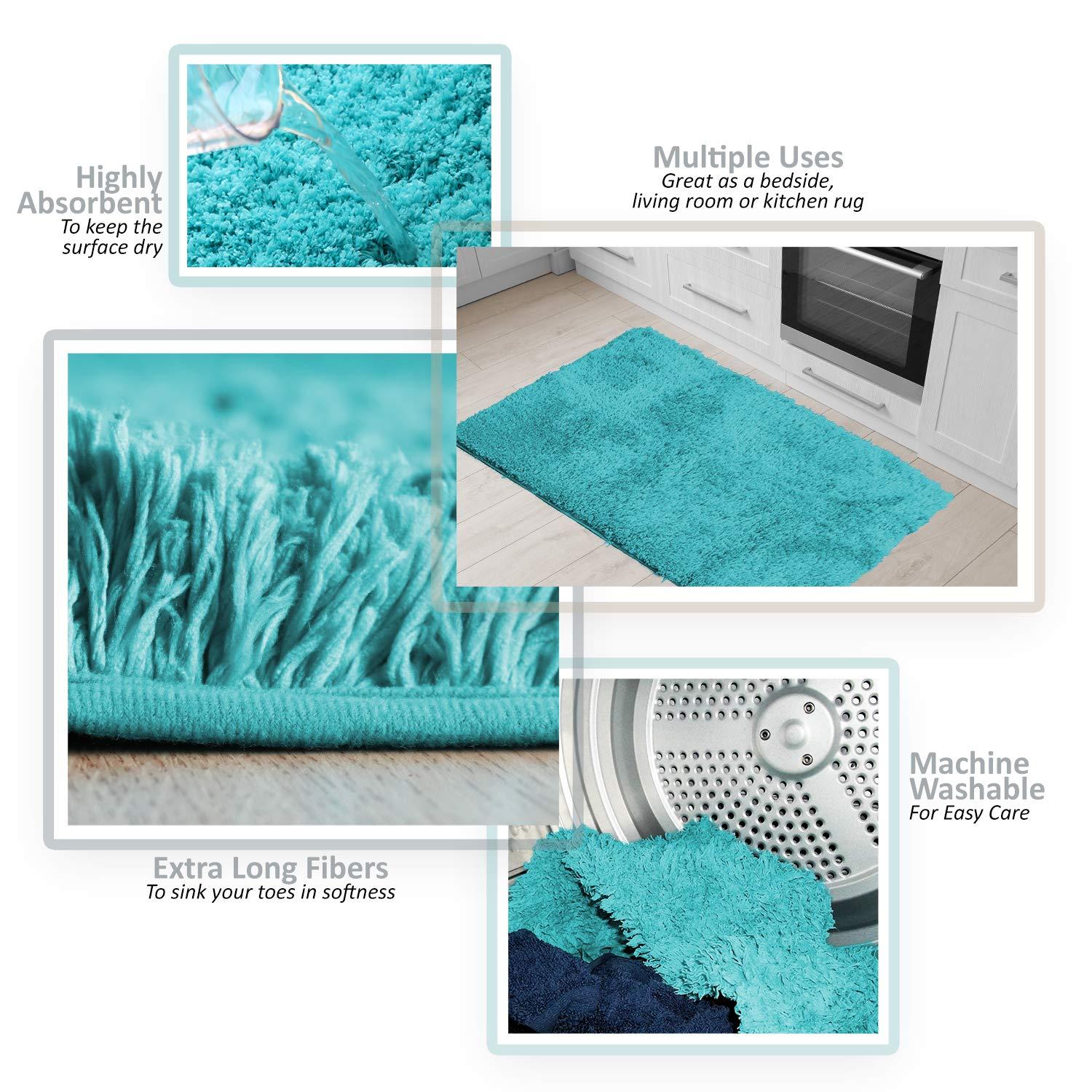 Clara Clark Set of 3 Absorbent Bath Mat Non-Slip Backing Rubber Bathroom Rugs, 17x24 & 20x32, Teal
