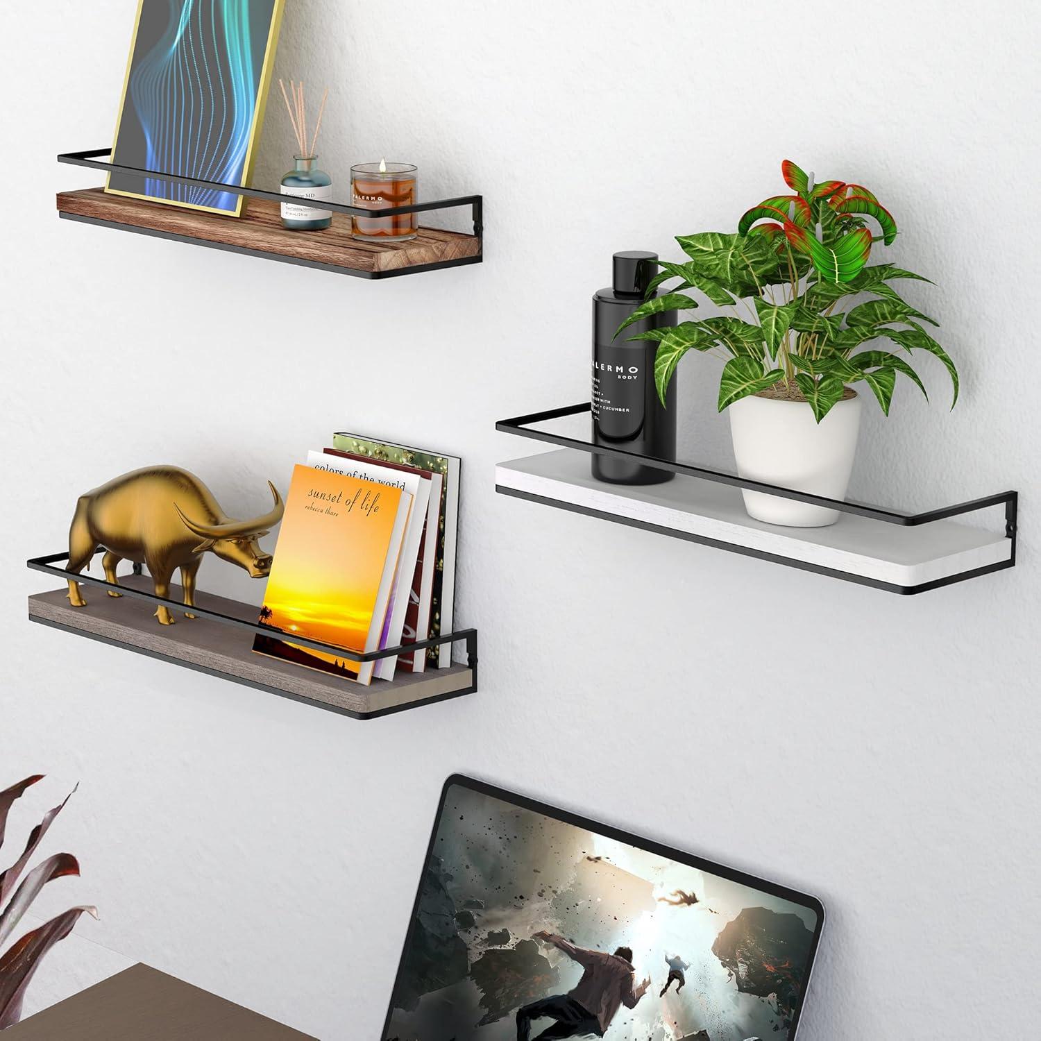 Carbonized Black Rustic Wood Floating Wall Shelves with Metal Frame, Set of 2