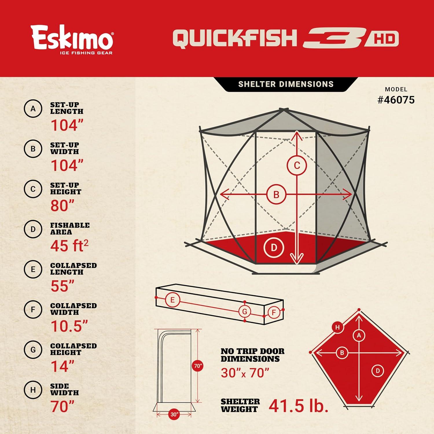 Eskimo QuickFish™ 3HD, Pop-Up Portable Shelter, No-Trip Door, Red/Black, Three Person, 46075