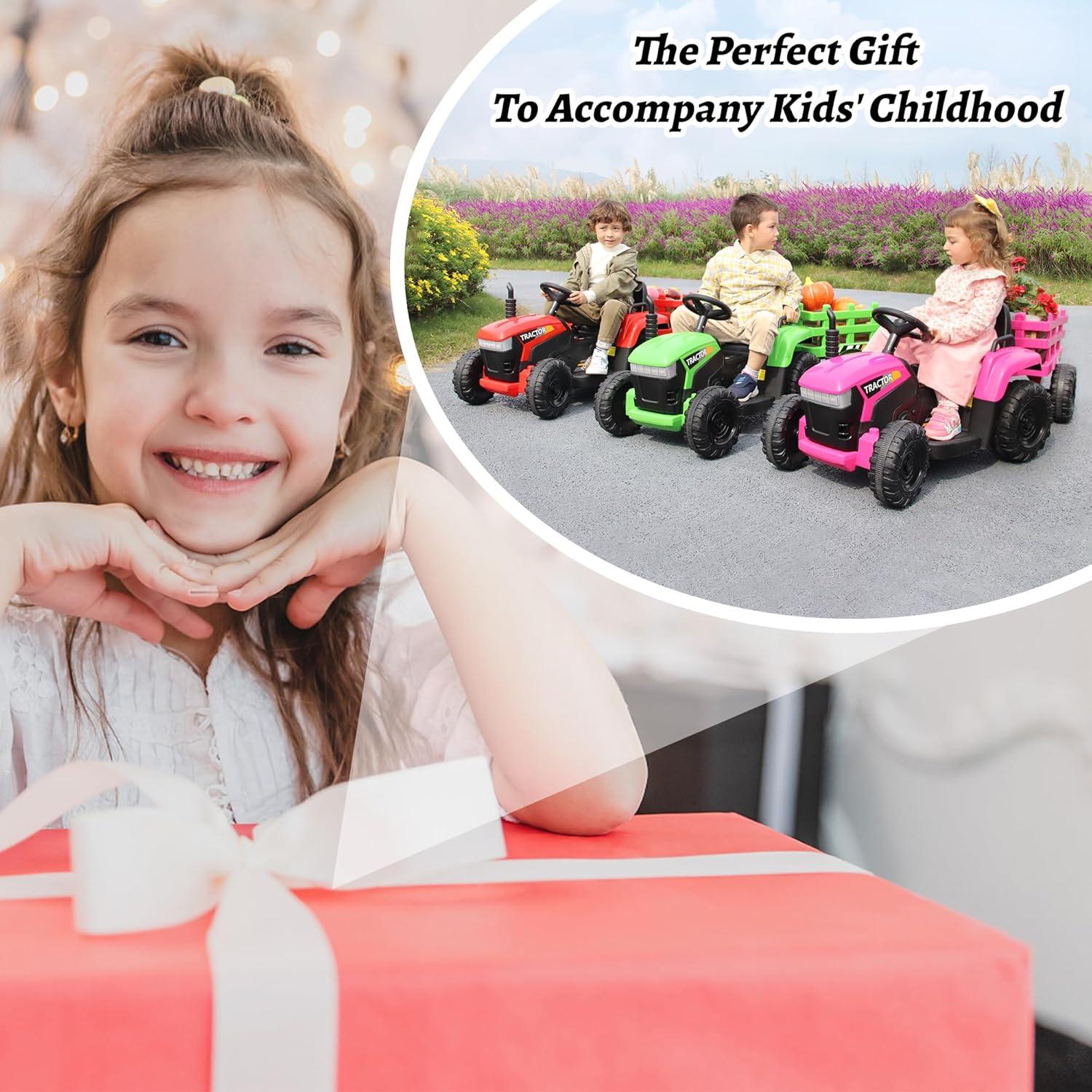 12V Kids Ride On Tractor with Trailer, Battery Powered Electric Car with Music, USB, Music, LED Lights