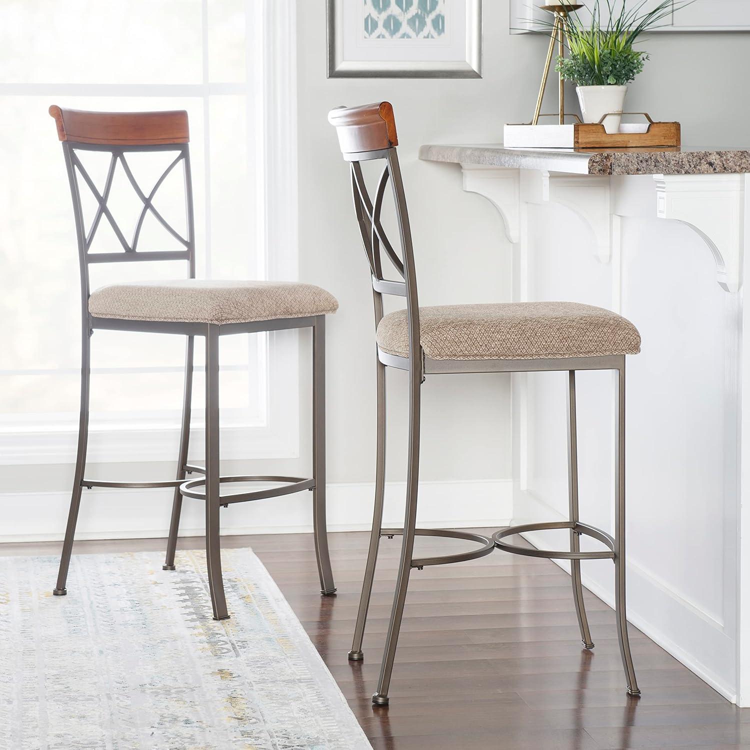 Hamilton Traditional Metal Barstool with Cherry Wood and Beige Upholstery