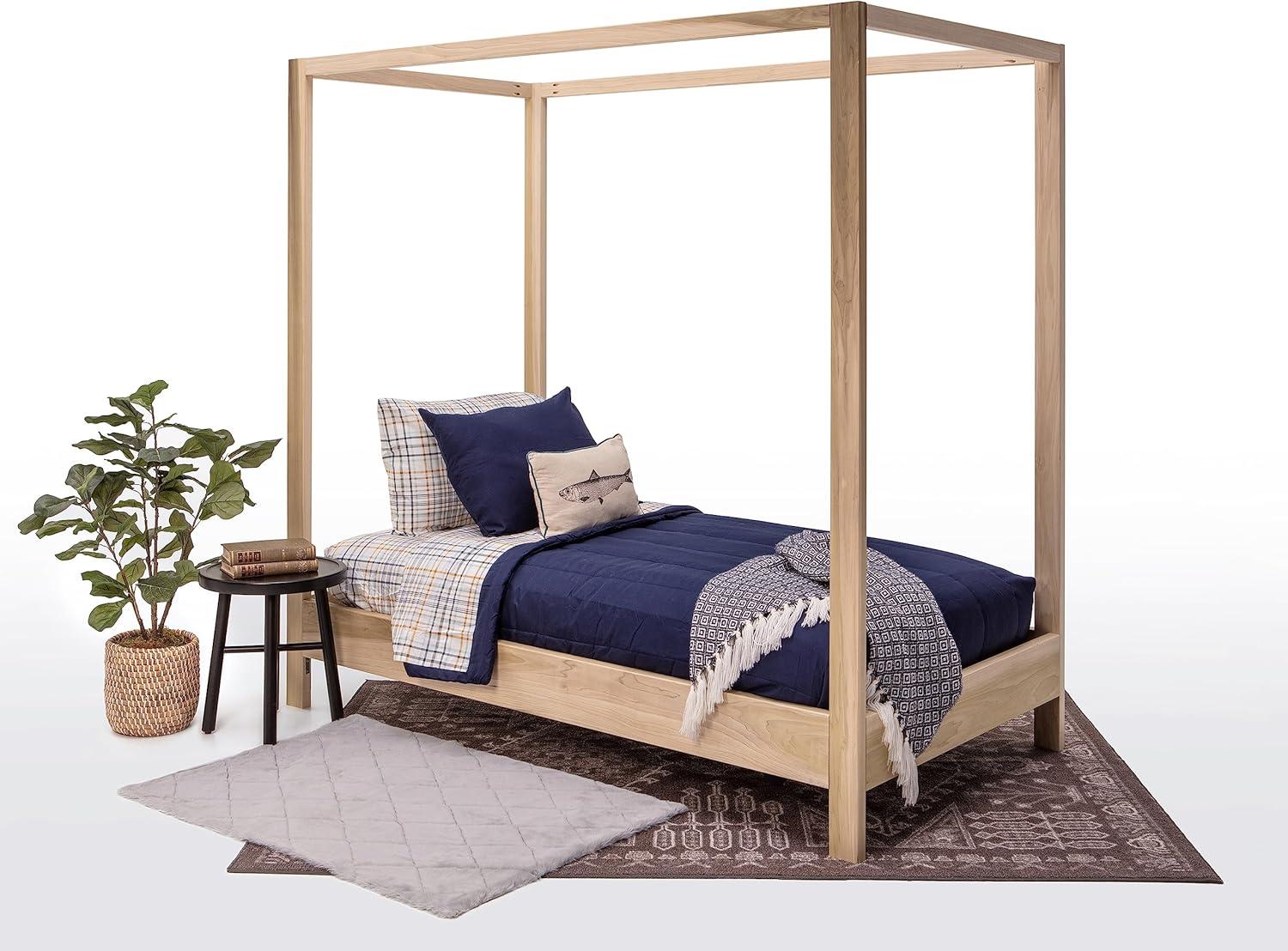 Natural Wood Twin Canopy Bed with Raised Platform