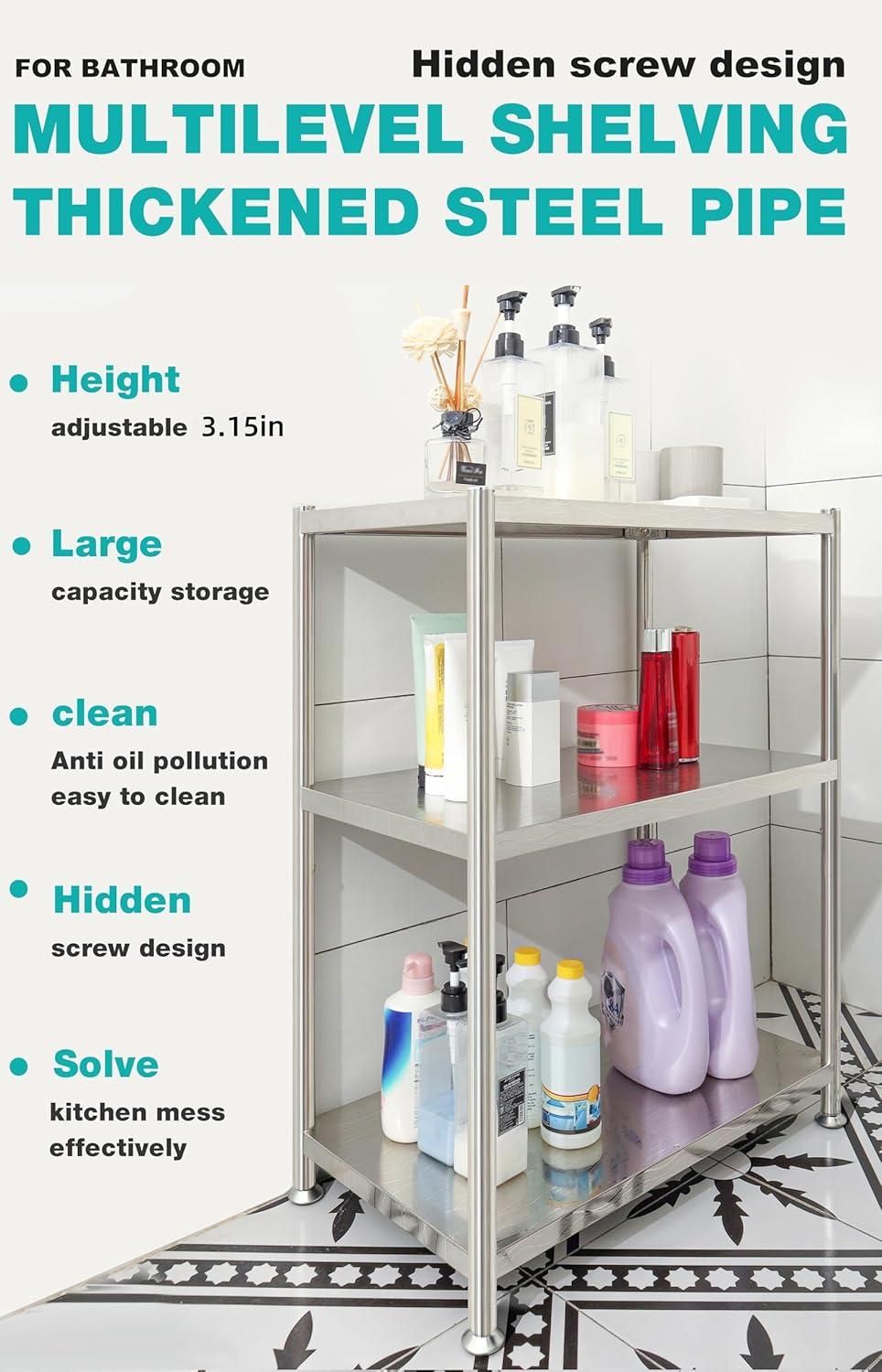 susunnus Stainless Steel Shelves 23.6in-5 Tier, Stainless Steel Shelf Organizer, Kitchen Storage Shelves,Artistic Texture, Pragmatic & Sturdy & Waterproof