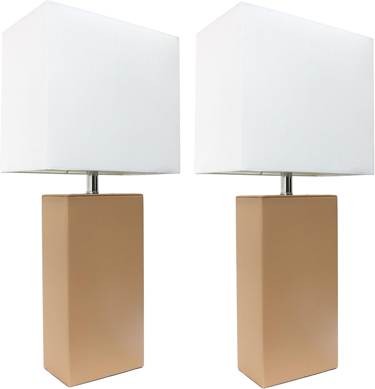 Beige Leather Table Lamps with White Fabric Shades, Set of 2