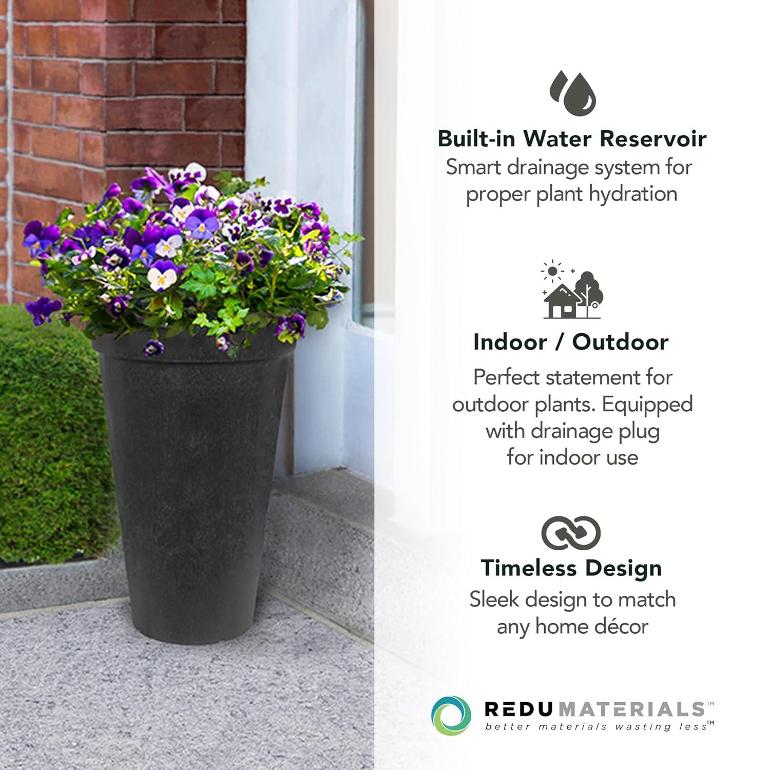 Tierra Verde 2 Pack Aria Indoor/Outdoor Self Watering Tall Round Planter, Weatherproof for Patio, Garden, and Porch Use, 12.5"W x 20"H, Black