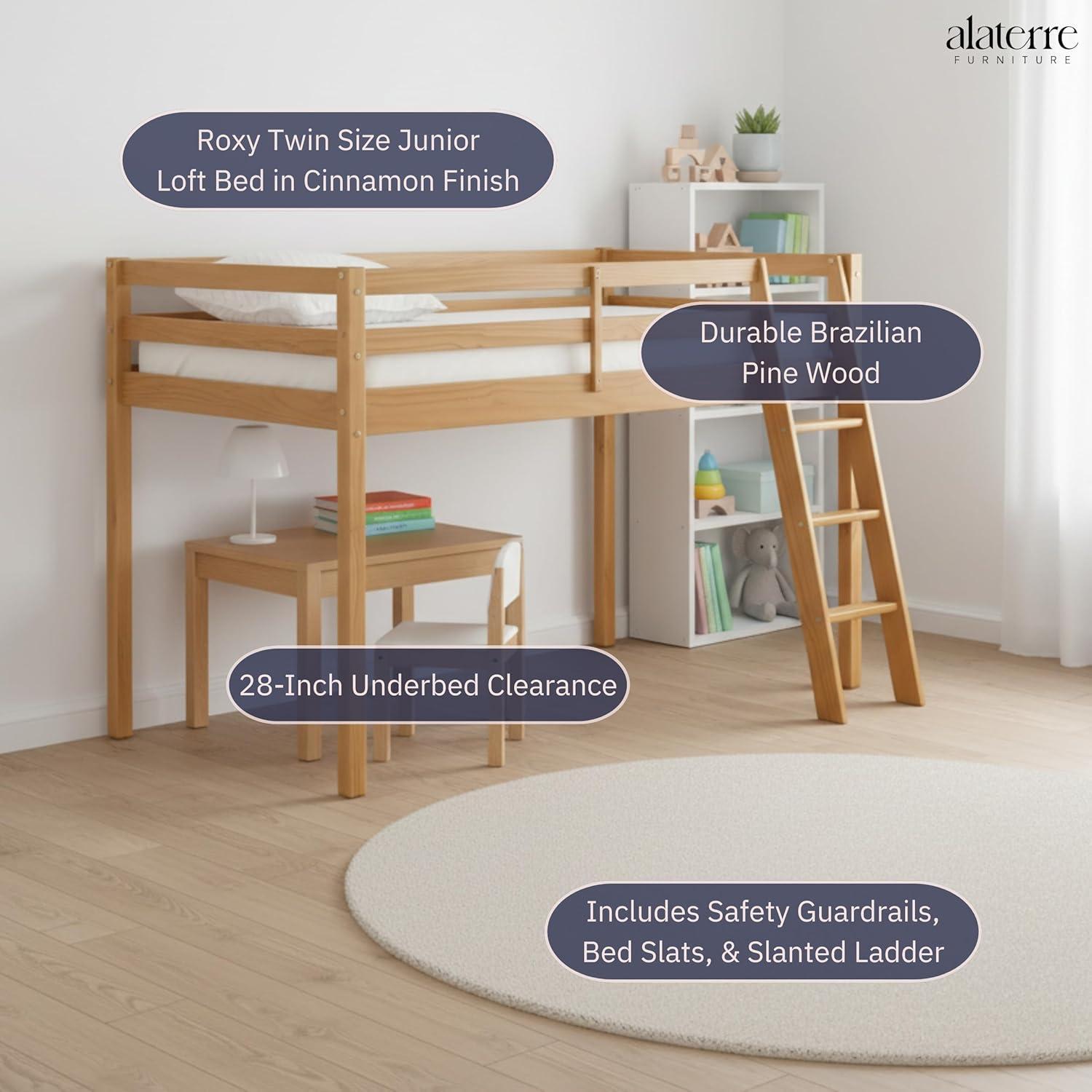 Kwinana Roxy Twin Size Junior Wood Loft Bed, Sturdy Wooden Frame for Kids - Includes Built-in Side Desk & Open Shelving for Storage, Children's Furniture