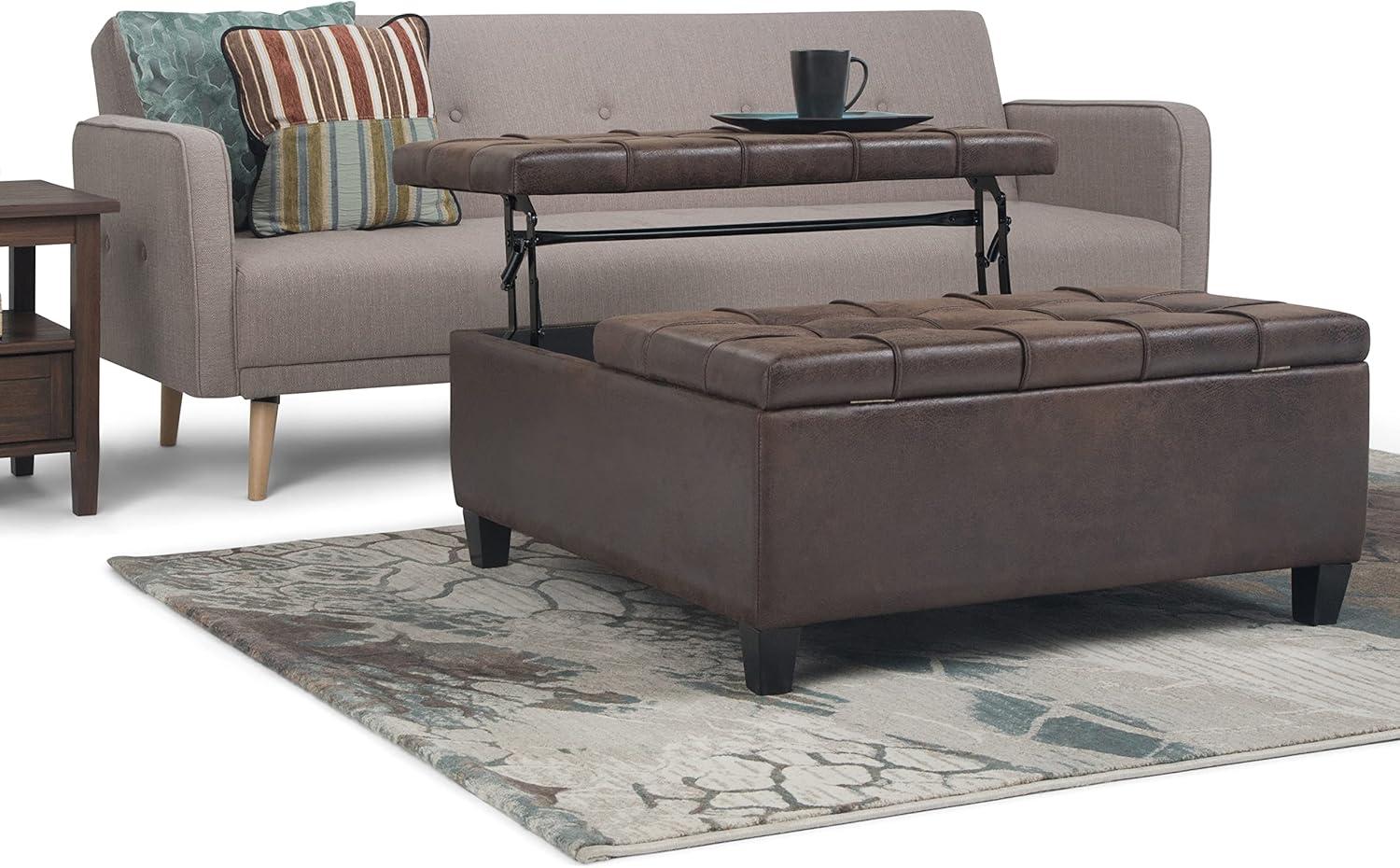 Simpli Home Harrison Coffee Table Storage Ottoman In Distressed Brown Vegan Faux Leather