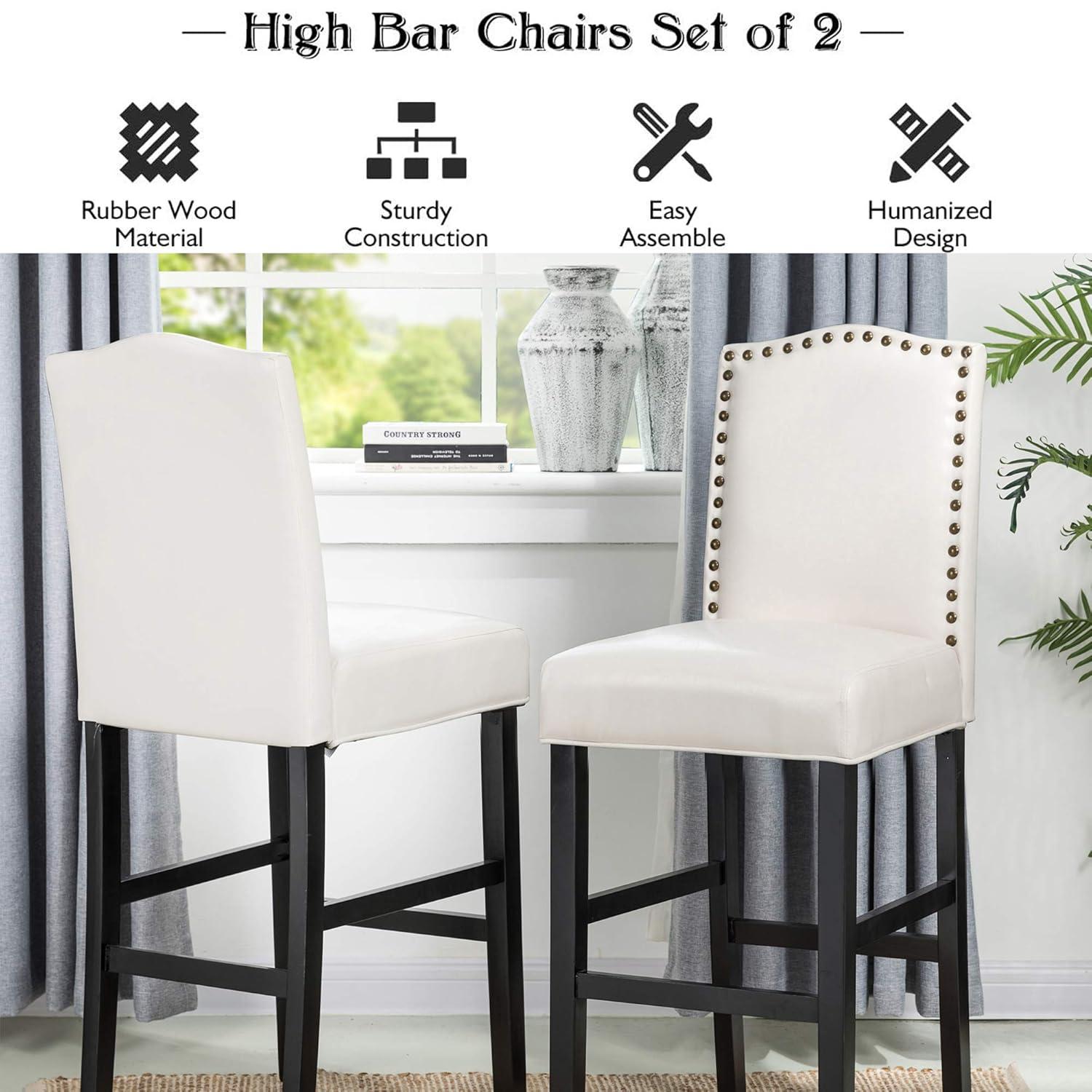 Set of 2 Leatherette PU Barstools with Studded Decor Off White - Glitzhome: Rubberwood Frame, Footrest, Modern Style
