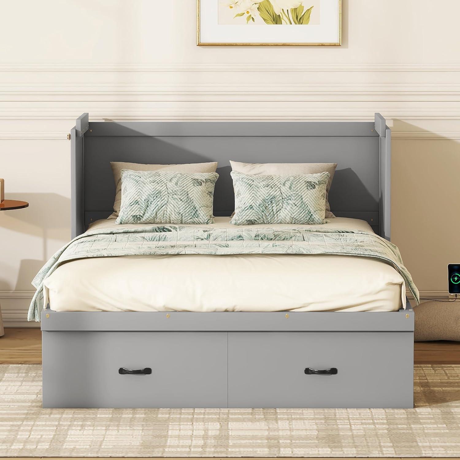 Harper & Bright Designs Full Size Murphy Bed with USB Port and a Large Drawer, Space-Saving Wall Bed for Multipurpose Guest Room or Home Office - White
