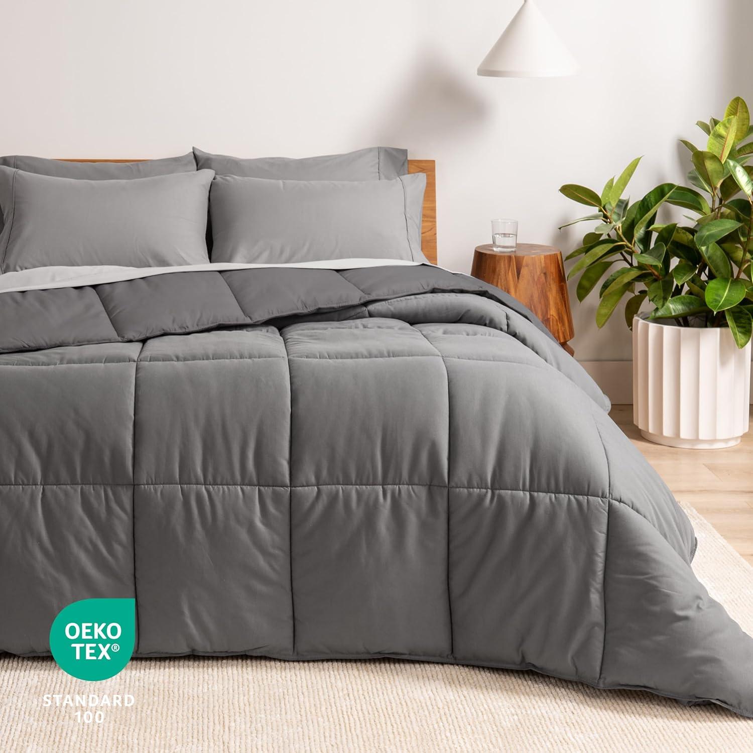 Bare Home 4-Piece Reversible Bed-in-a-Bag - Premium 1800 Collection - Twin XL, Light Gray/Gray Comforter with Gray Sheet Set