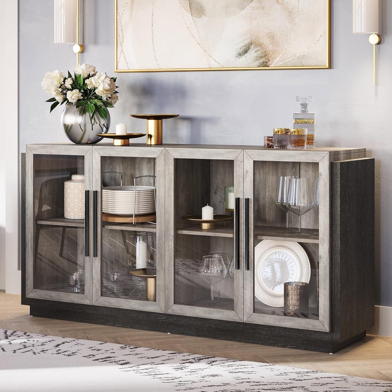 Gray 64" Modern Wood and Glass Sideboard Buffet Cabinet