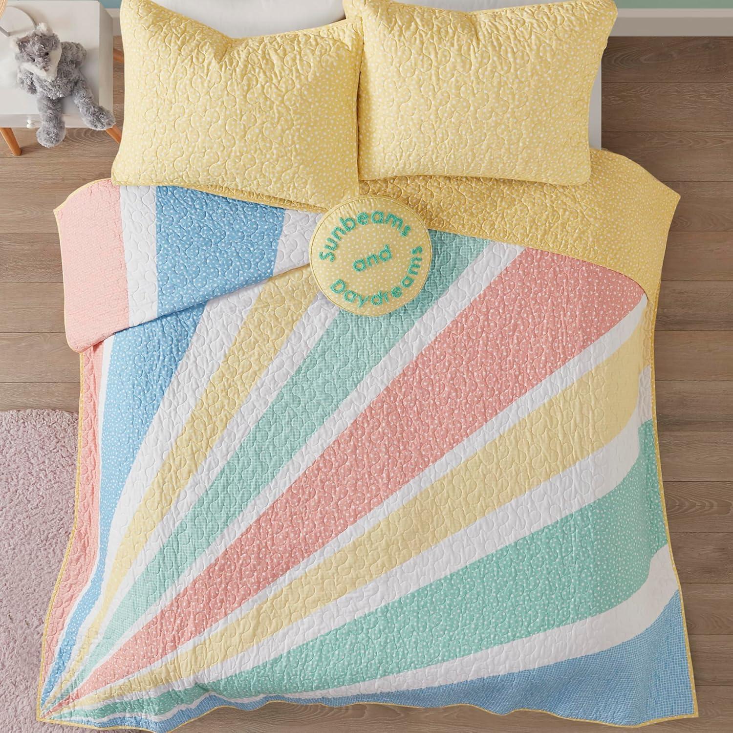 Rory Rainbow Sunburst Reversible Cotton Quilt Set with Throw Pillow